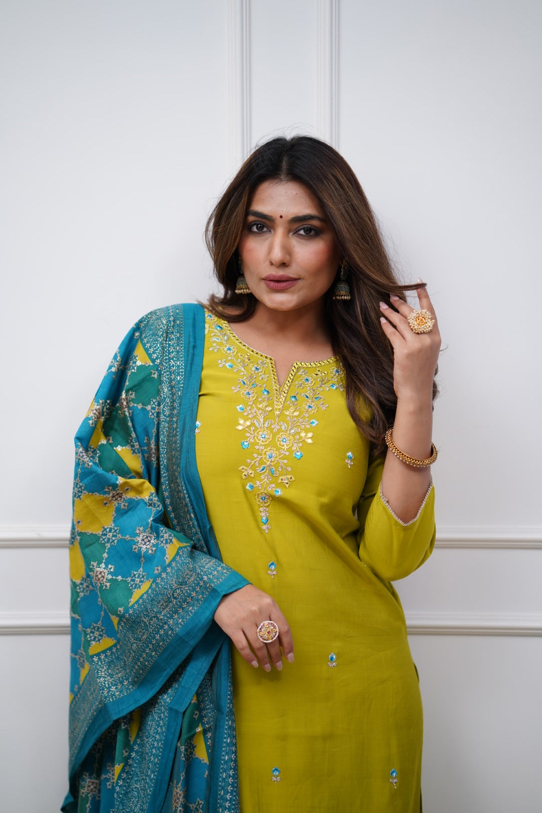 Lemon Chanderi Embroidered Kurta
