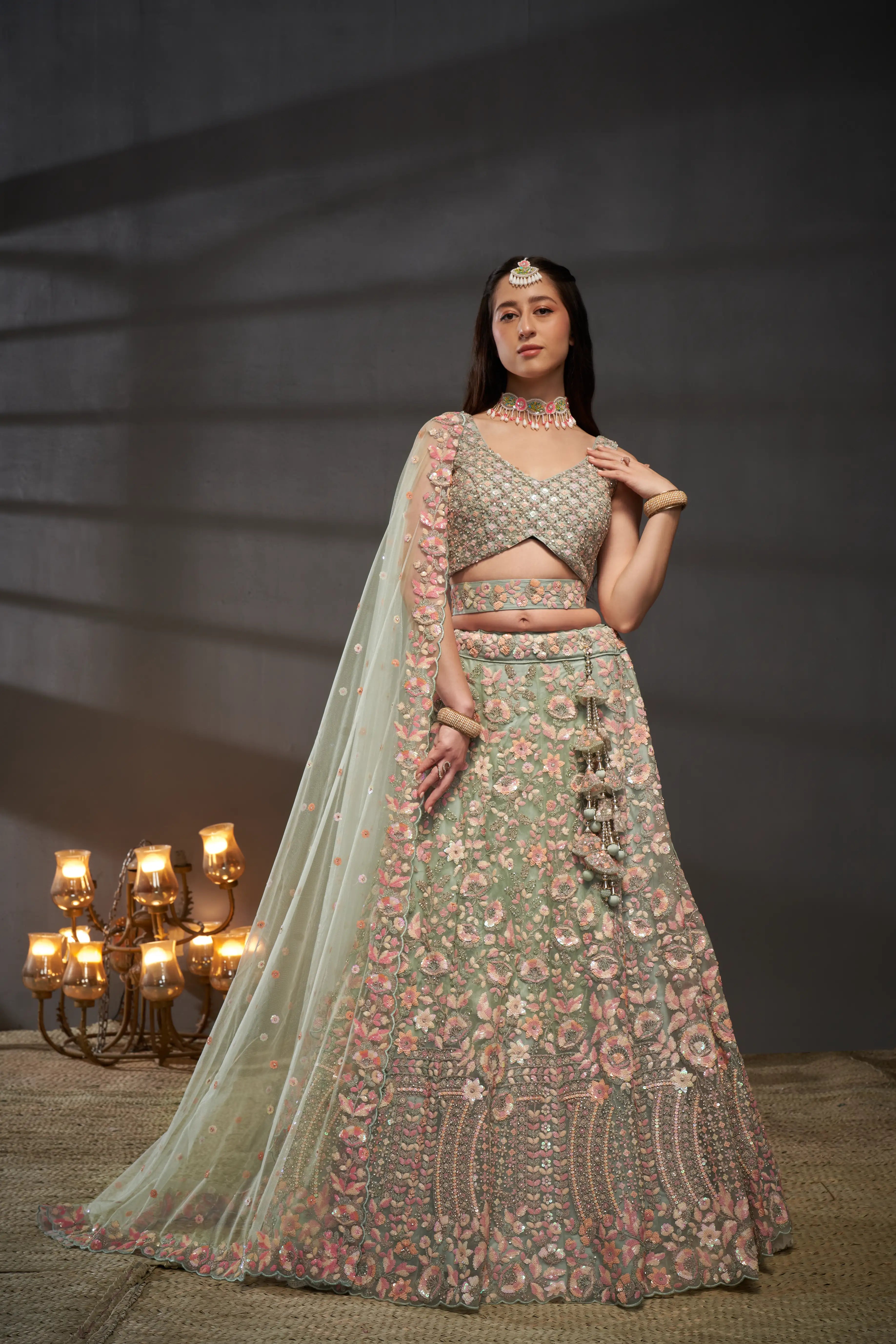 Sea green Net Multi Sequins with heavy Zarkan embroidery Lehenga Set