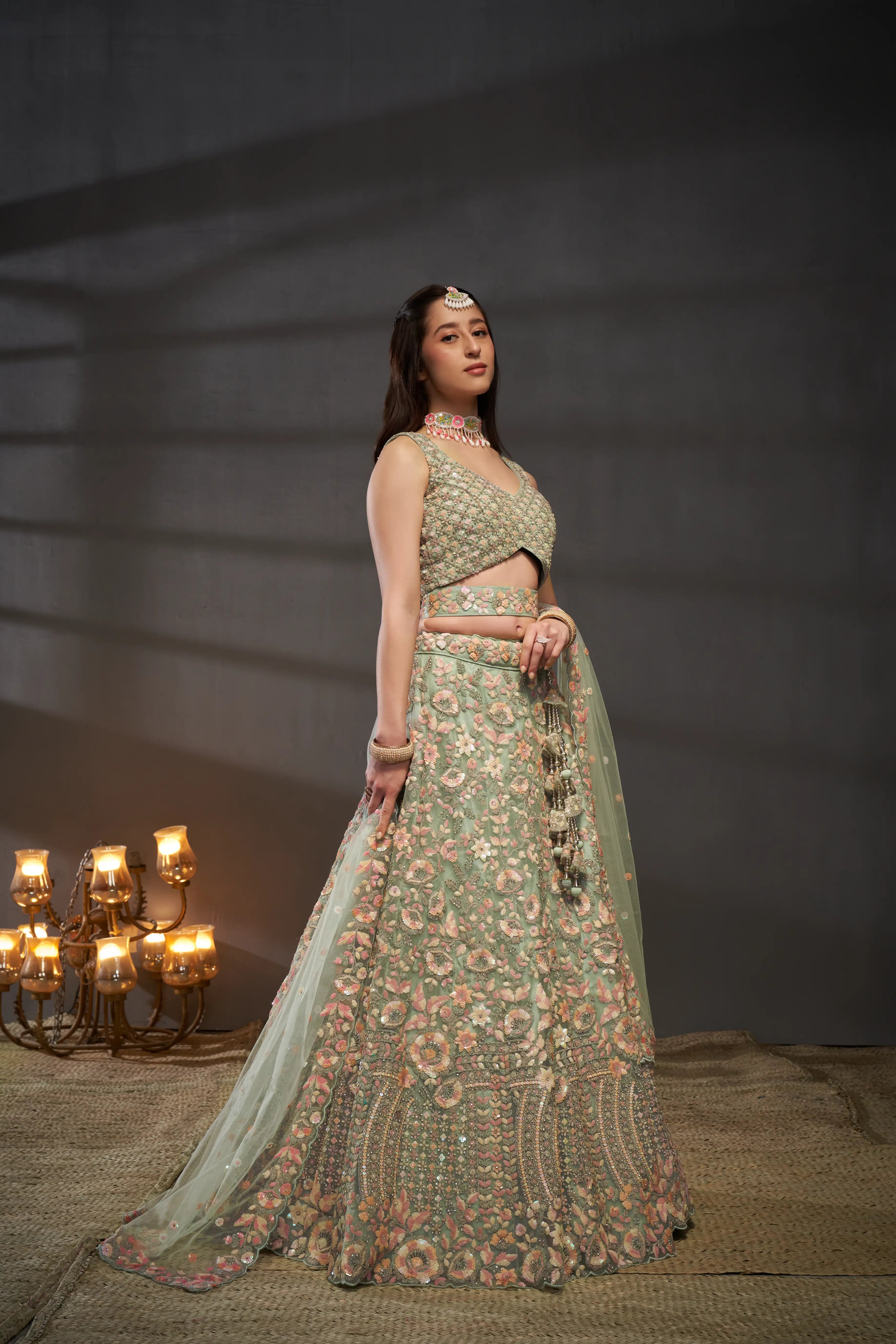Sea green Net Multi Sequins with heavy Zarkan embroidery Lehenga Set