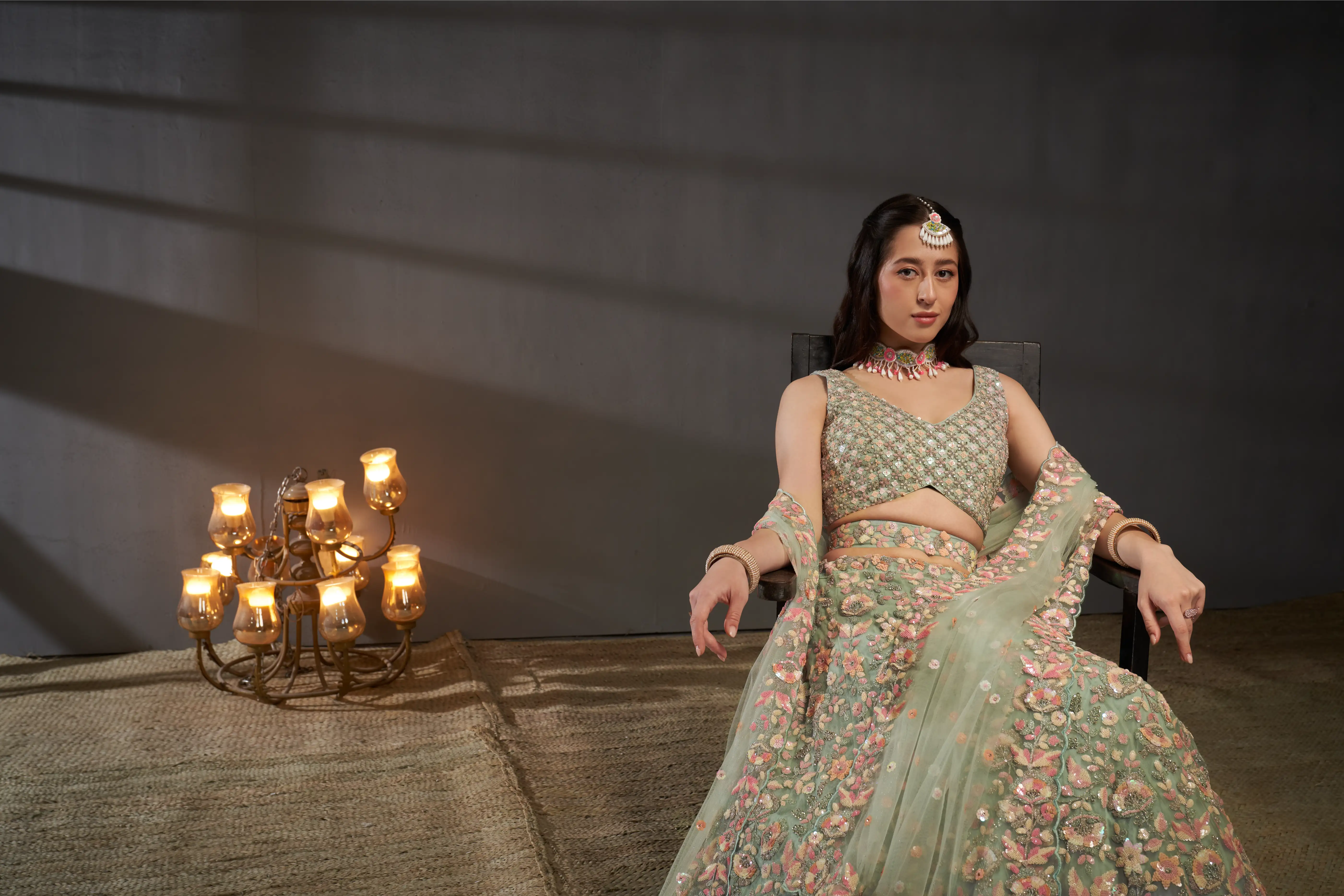 Sea green Net Multi Sequins with heavy Zarkan embroidery Lehenga Set