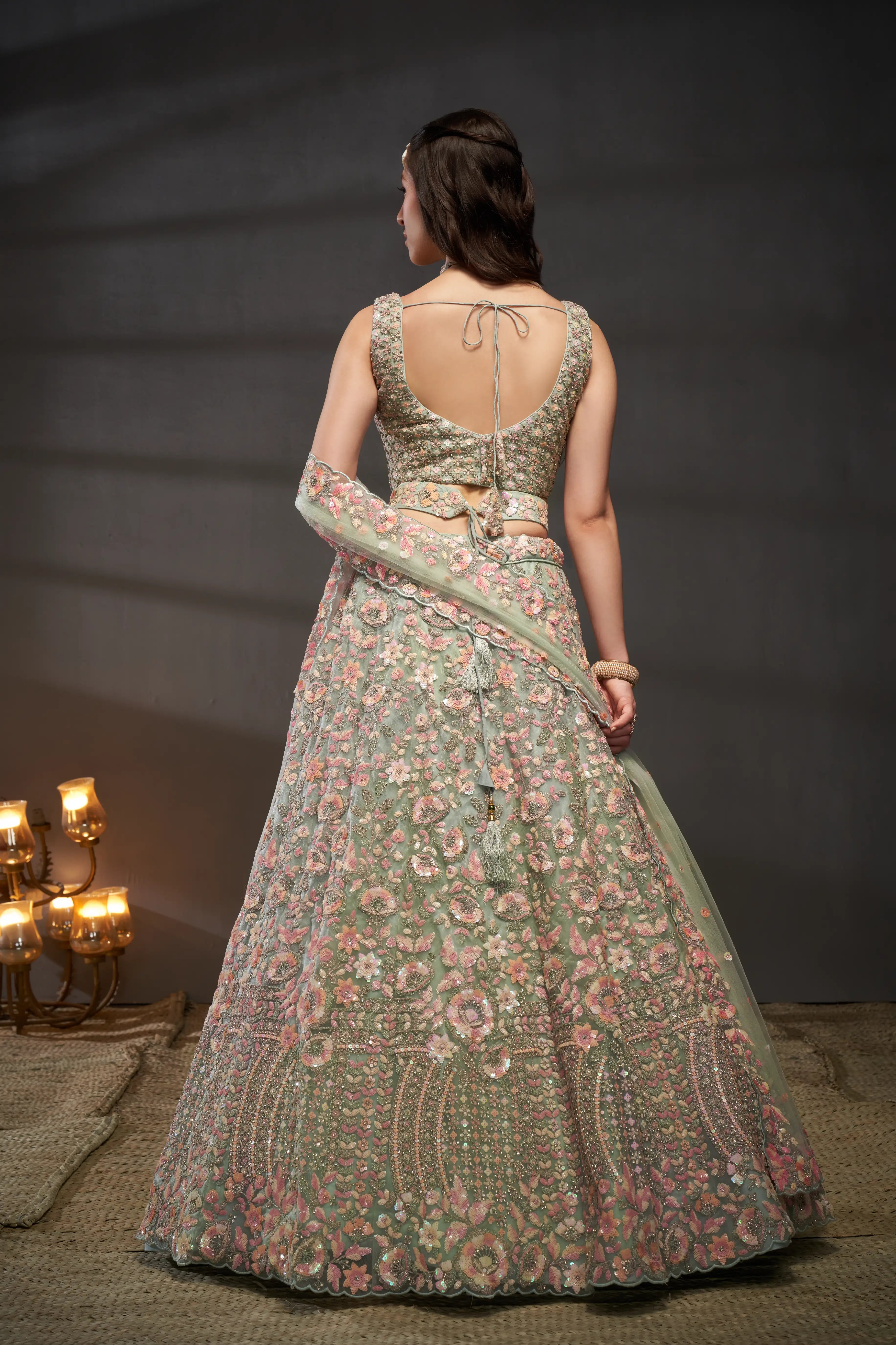 Sea green Net Multi Sequins with heavy Zarkan embroidery Lehenga Set