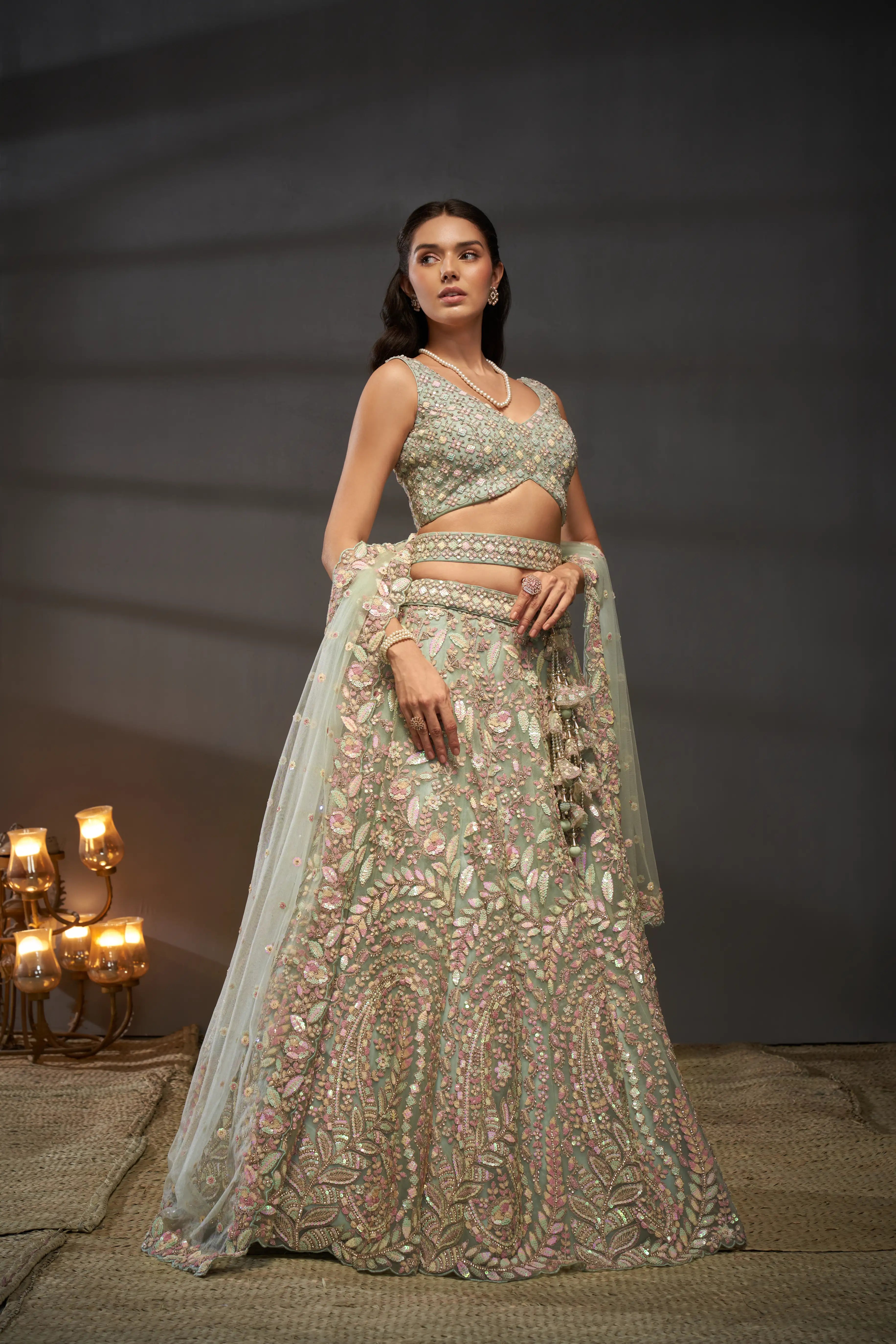 Sea green Net Multi Sequins with heavy Zarkan embroidery Lehenga Set