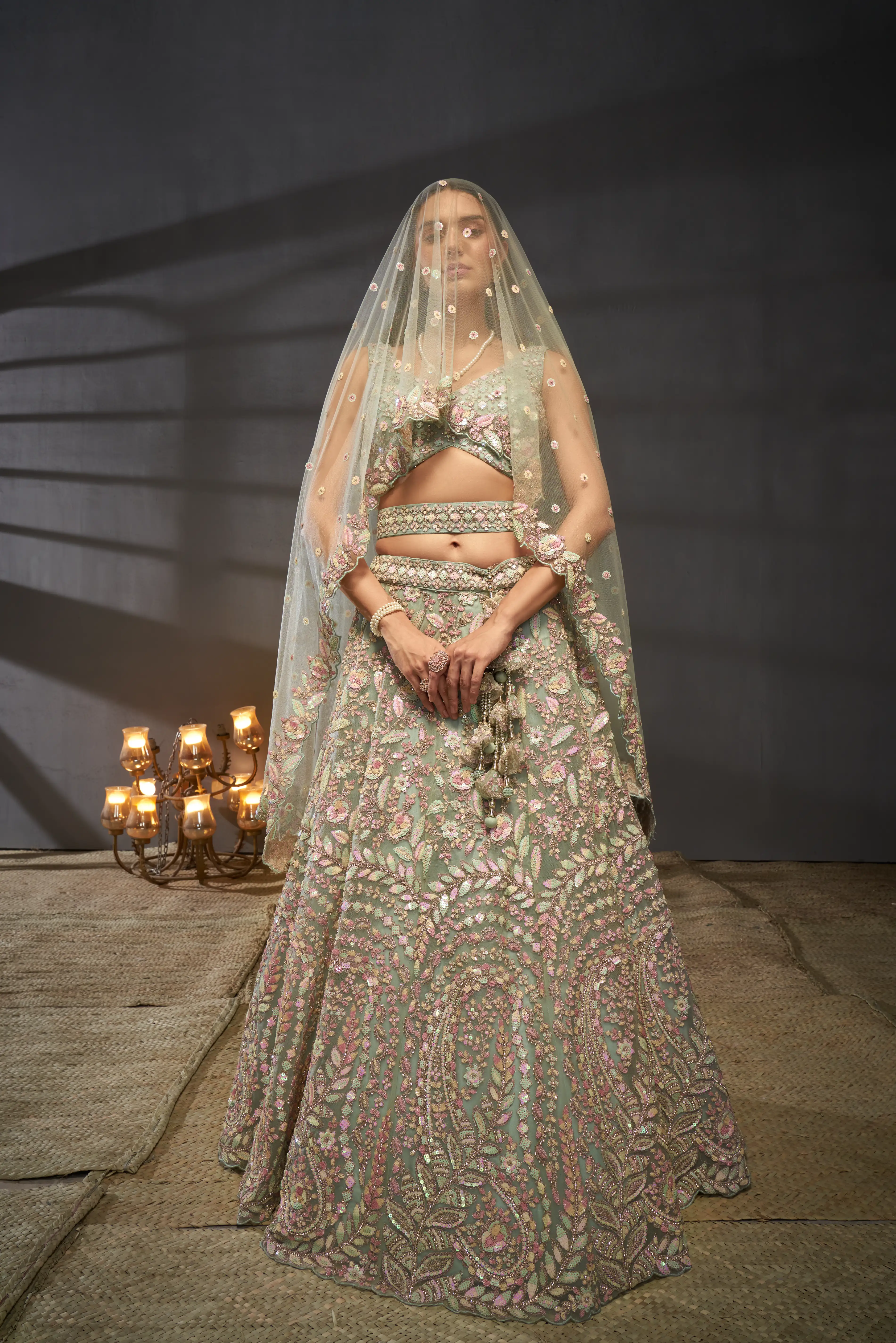 Sea green Net Multi Sequins with heavy Zarkan embroidery Lehenga Set