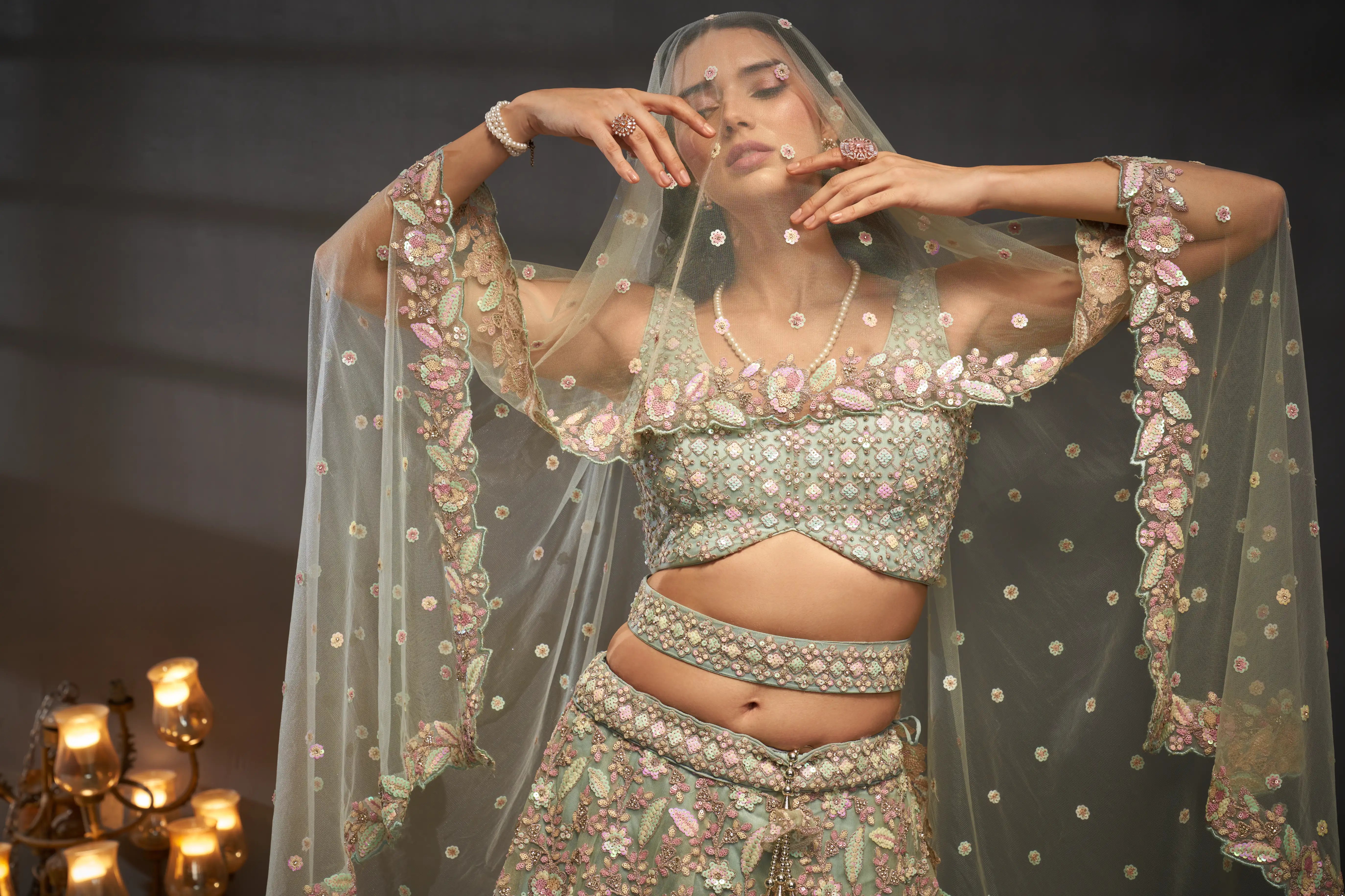 Sea green Net Multi Sequins with heavy Zarkan embroidery Lehenga Set