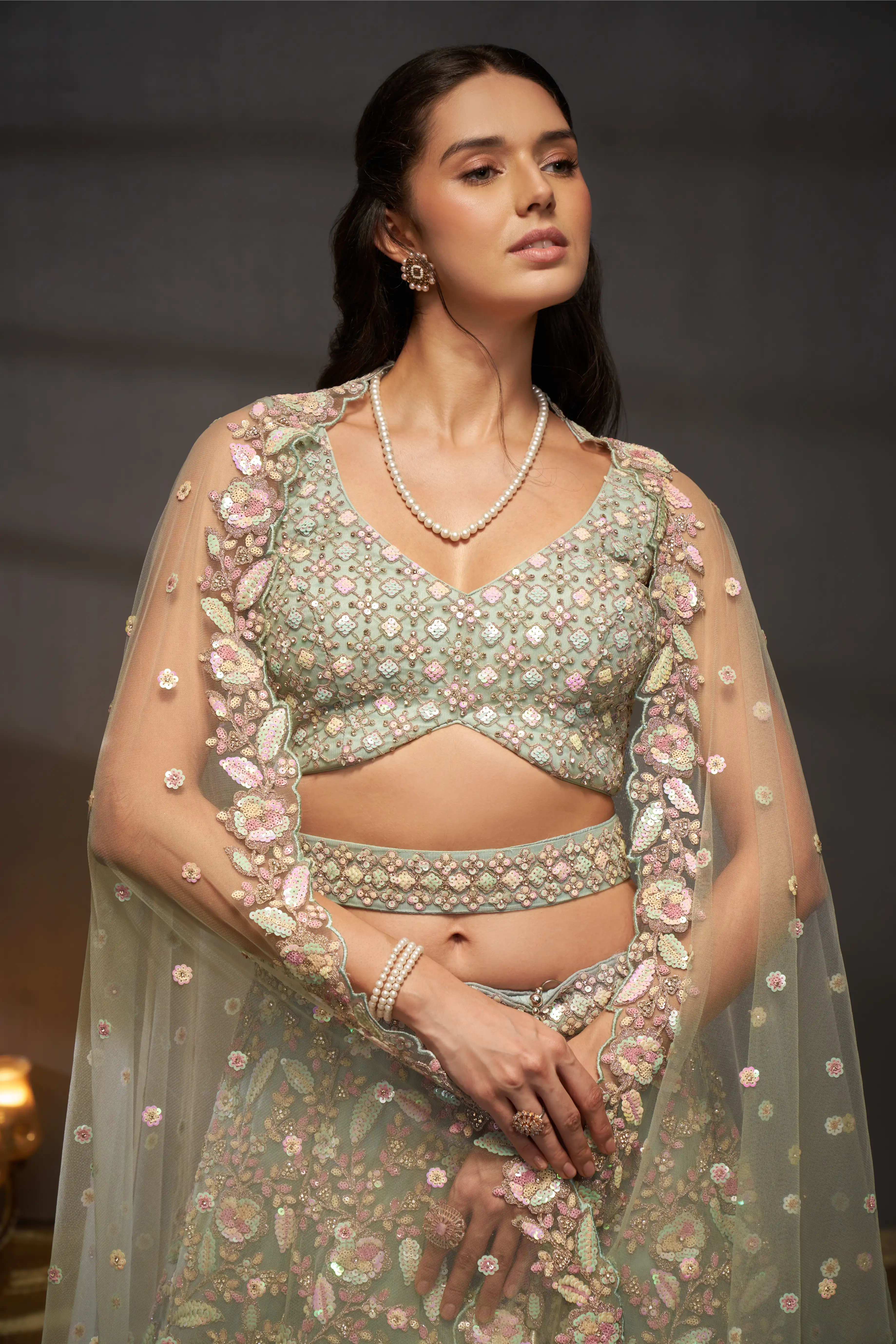Sea green Net Multi Sequins with heavy Zarkan embroidery Lehenga Set