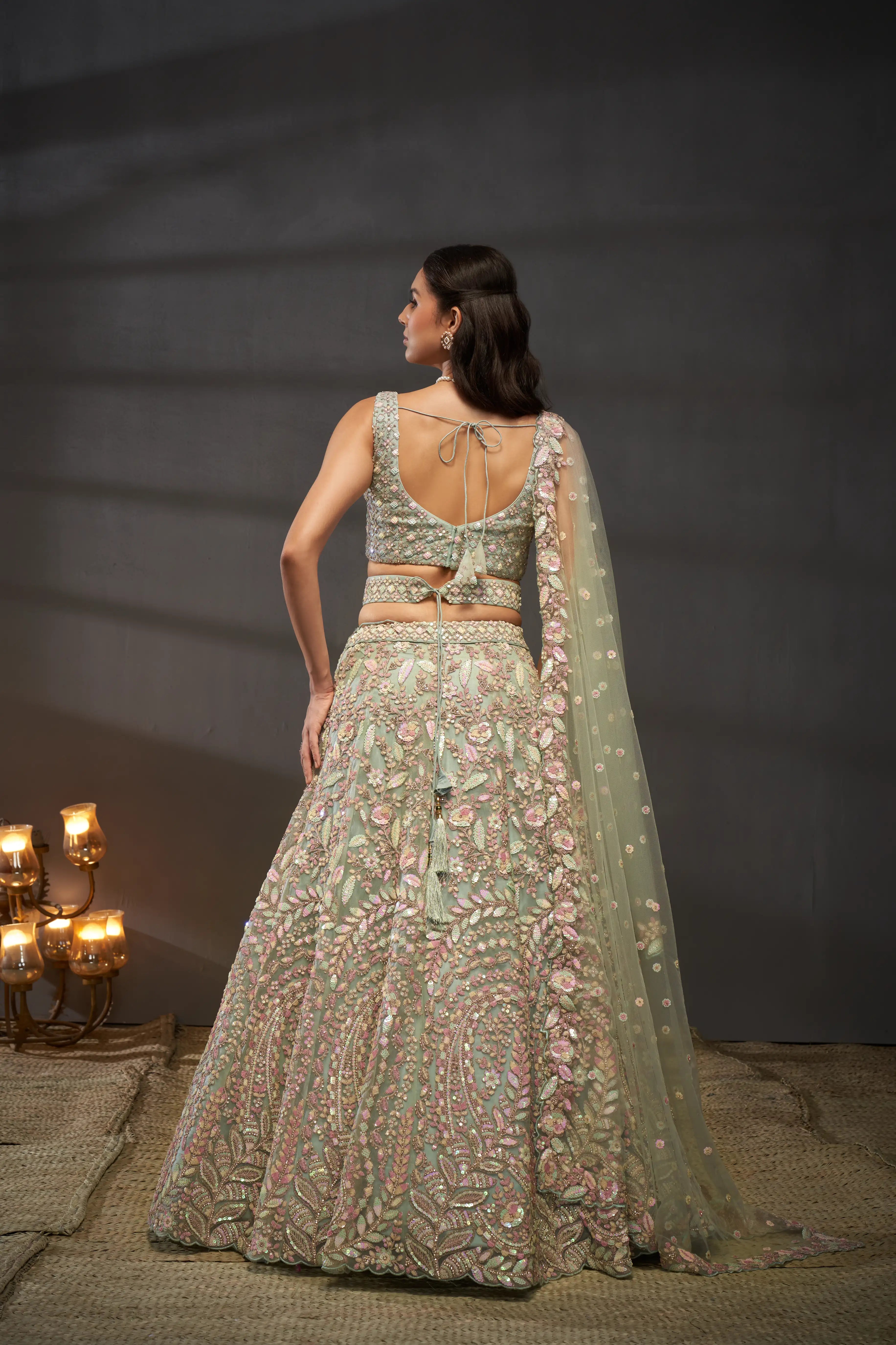 Sea green Net Multi Sequins with heavy Zarkan embroidery Lehenga Set