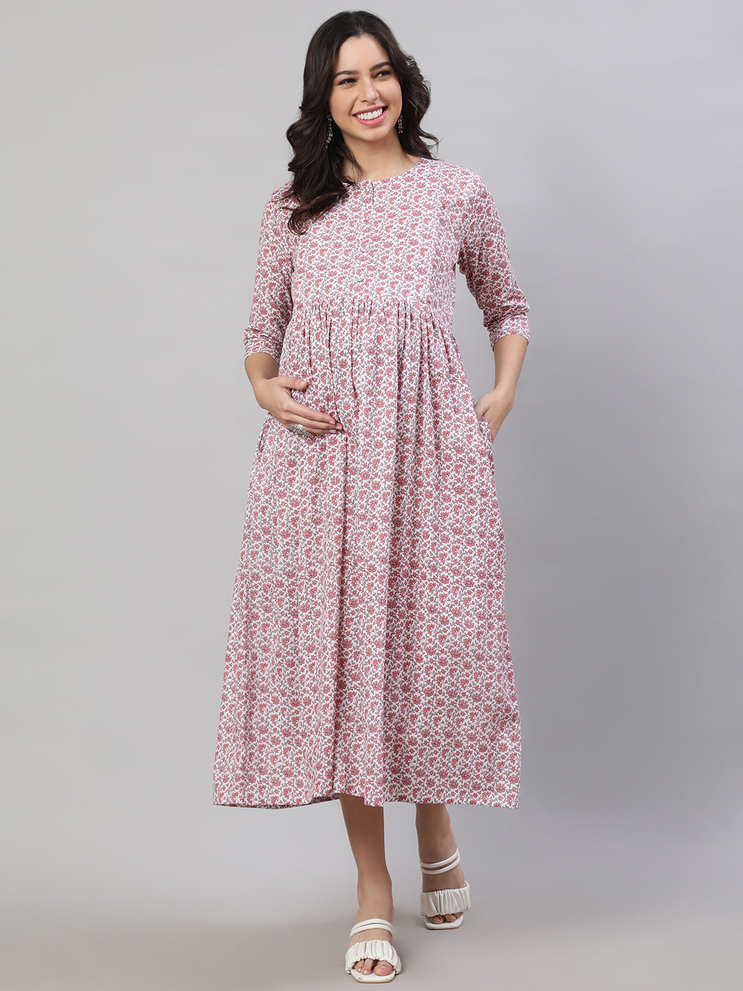 Women Off-White Printed Flared Maternity Dress