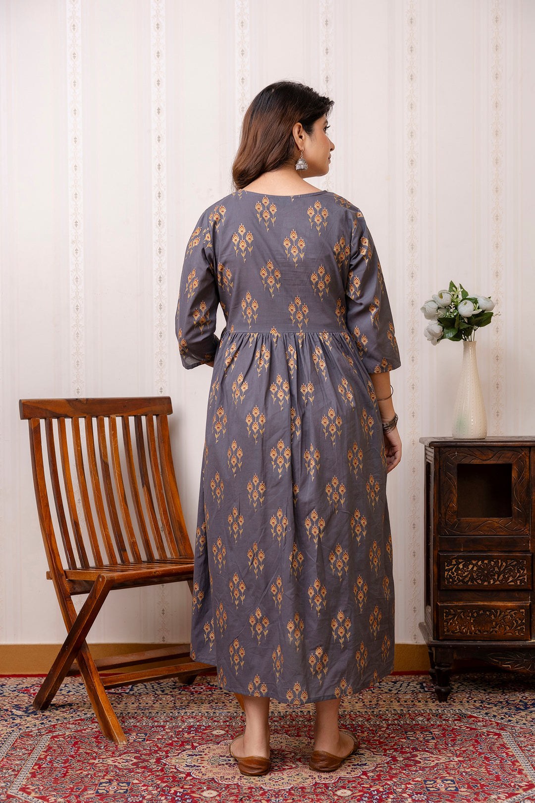 Grey Ethnic Maternity Dress For Women