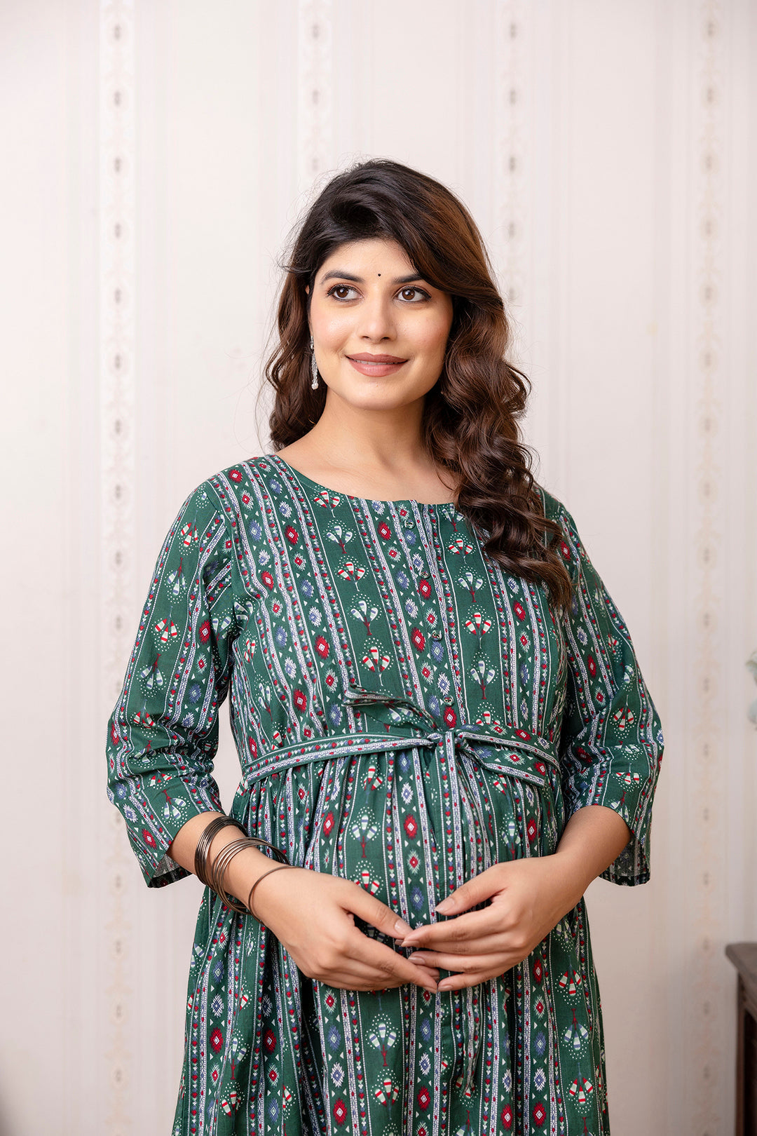 Green Printed Maternity Dress For Women