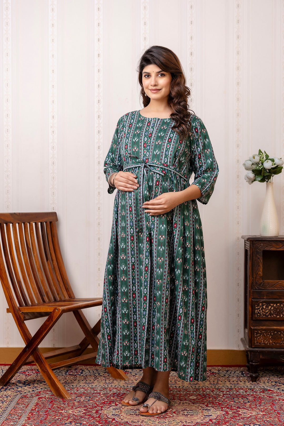Green Printed Maternity Dress For Women