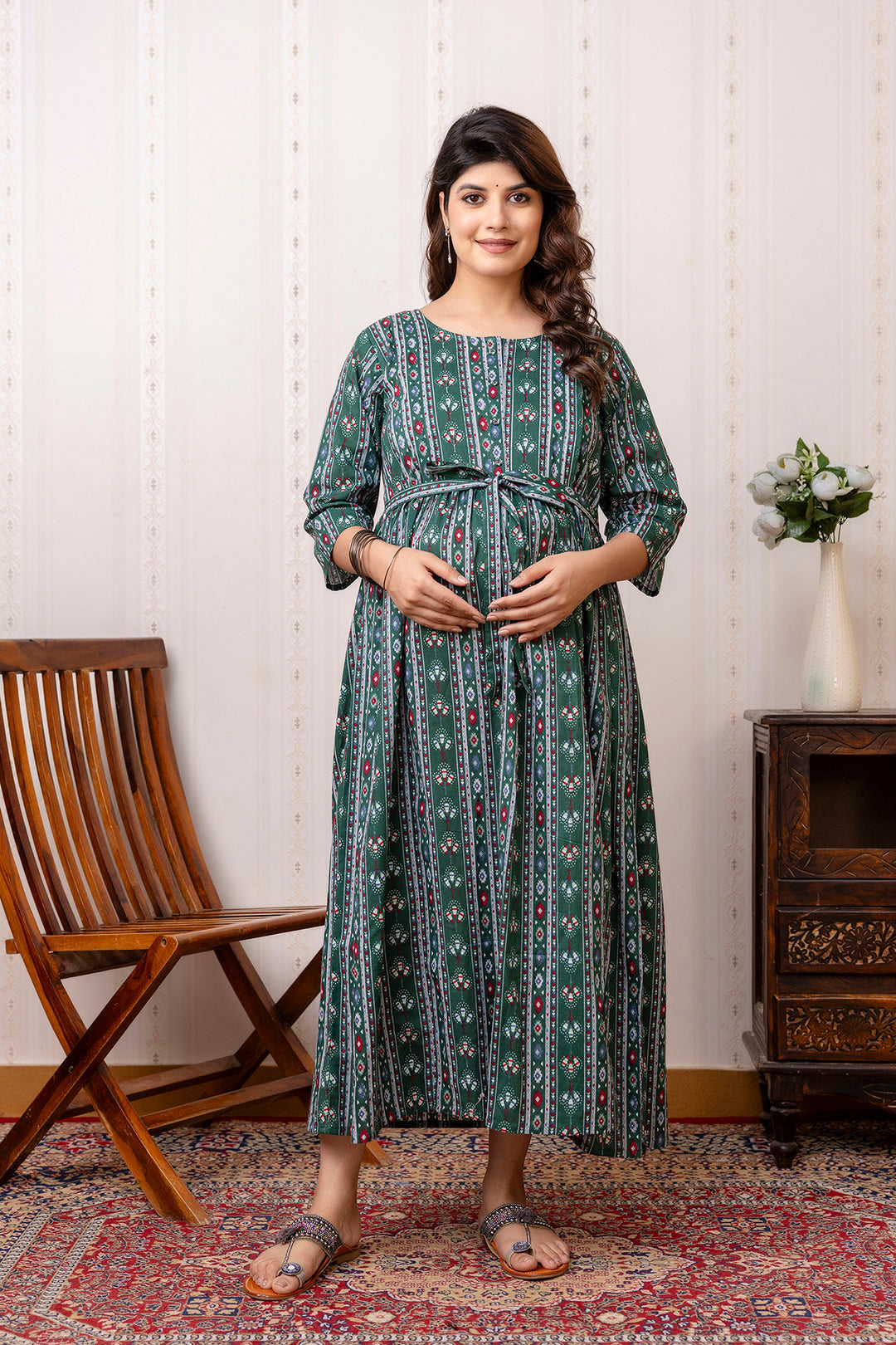 Green Printed Maternity Dress For Women