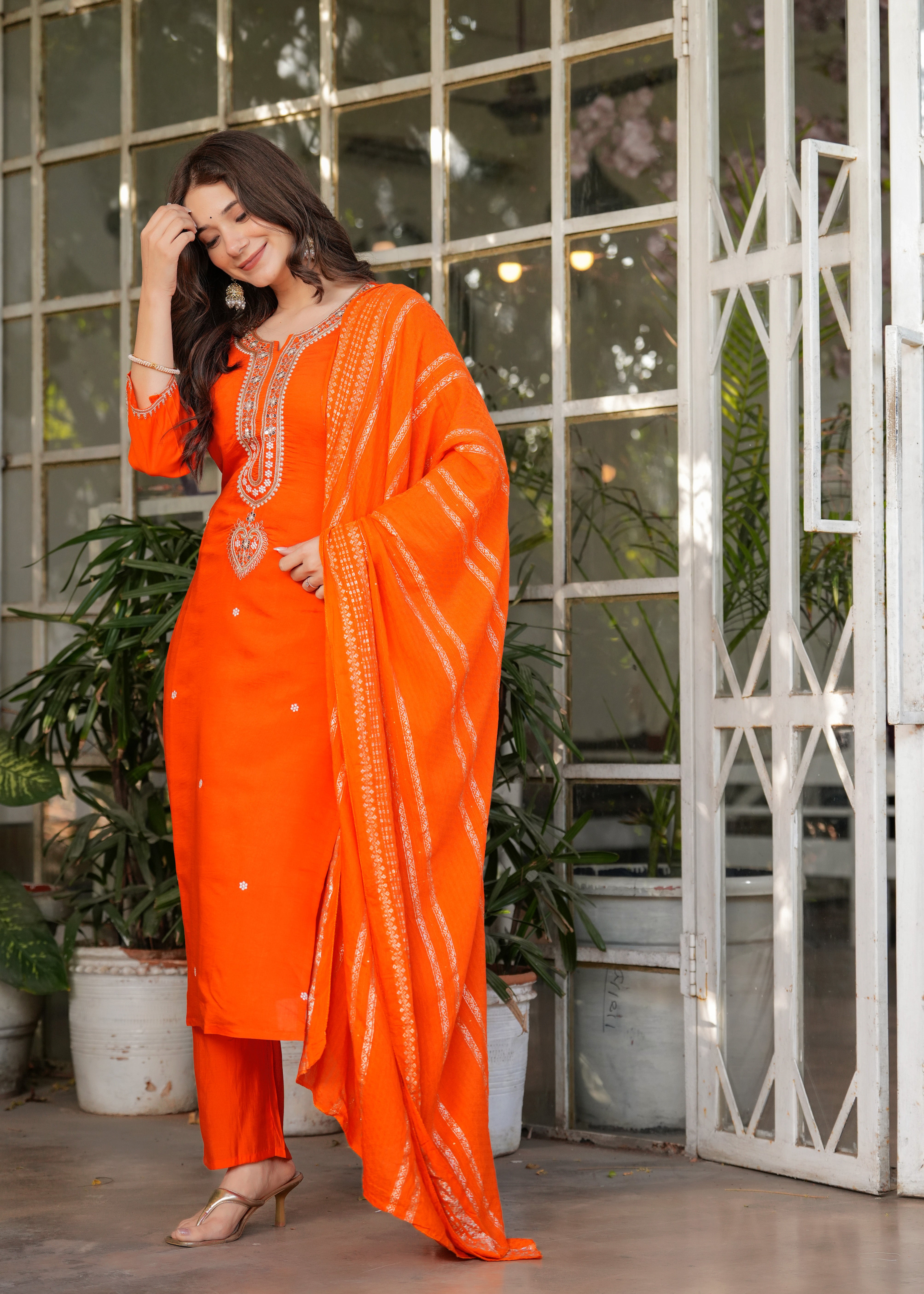 Beautiful Embroidered Viscose Chanderi Fabric Straight Kurta, Pant and Dupatta Set