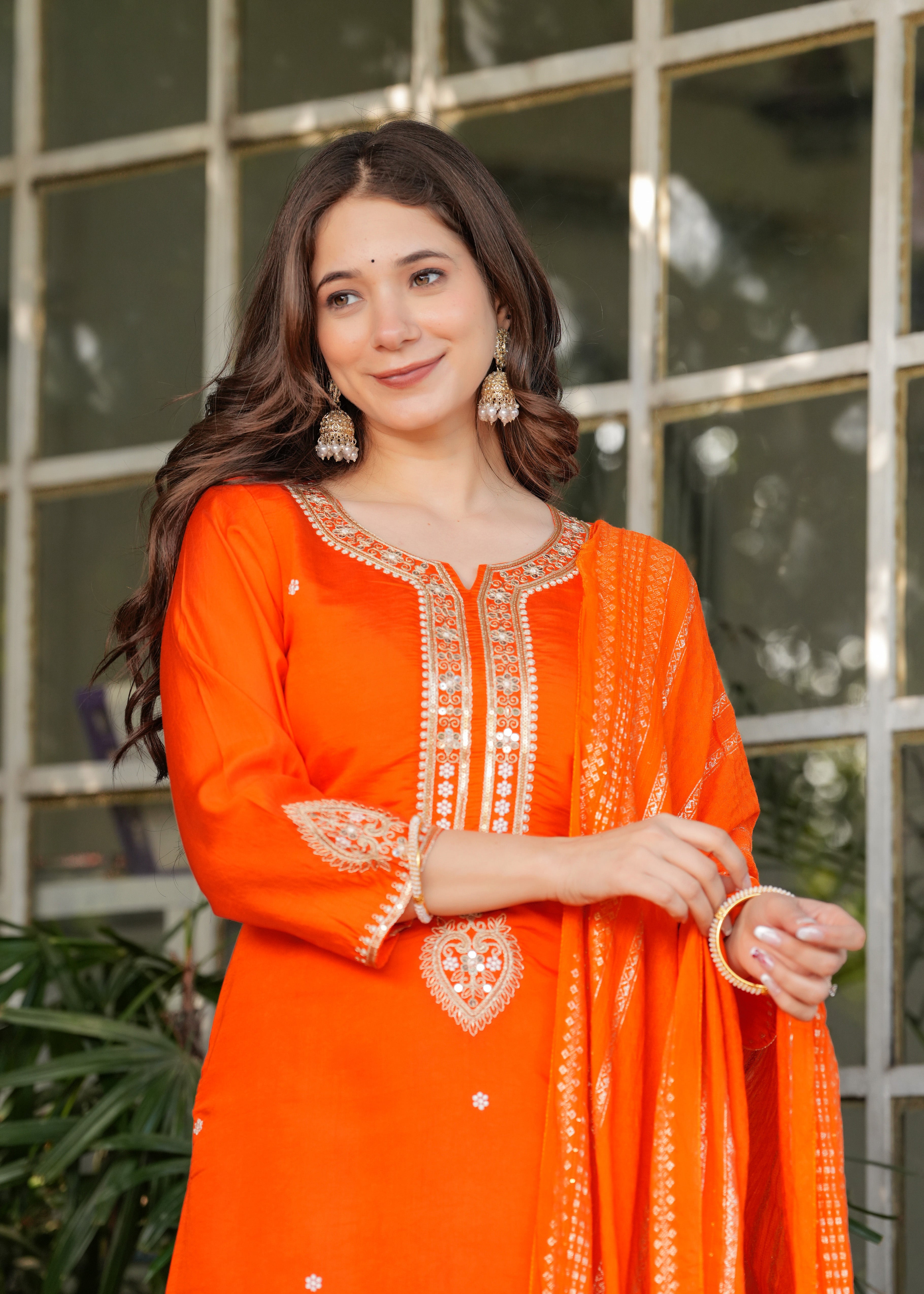 Beautiful Embroidered Viscose Chanderi Fabric Straight Kurta, Pant and Dupatta Set