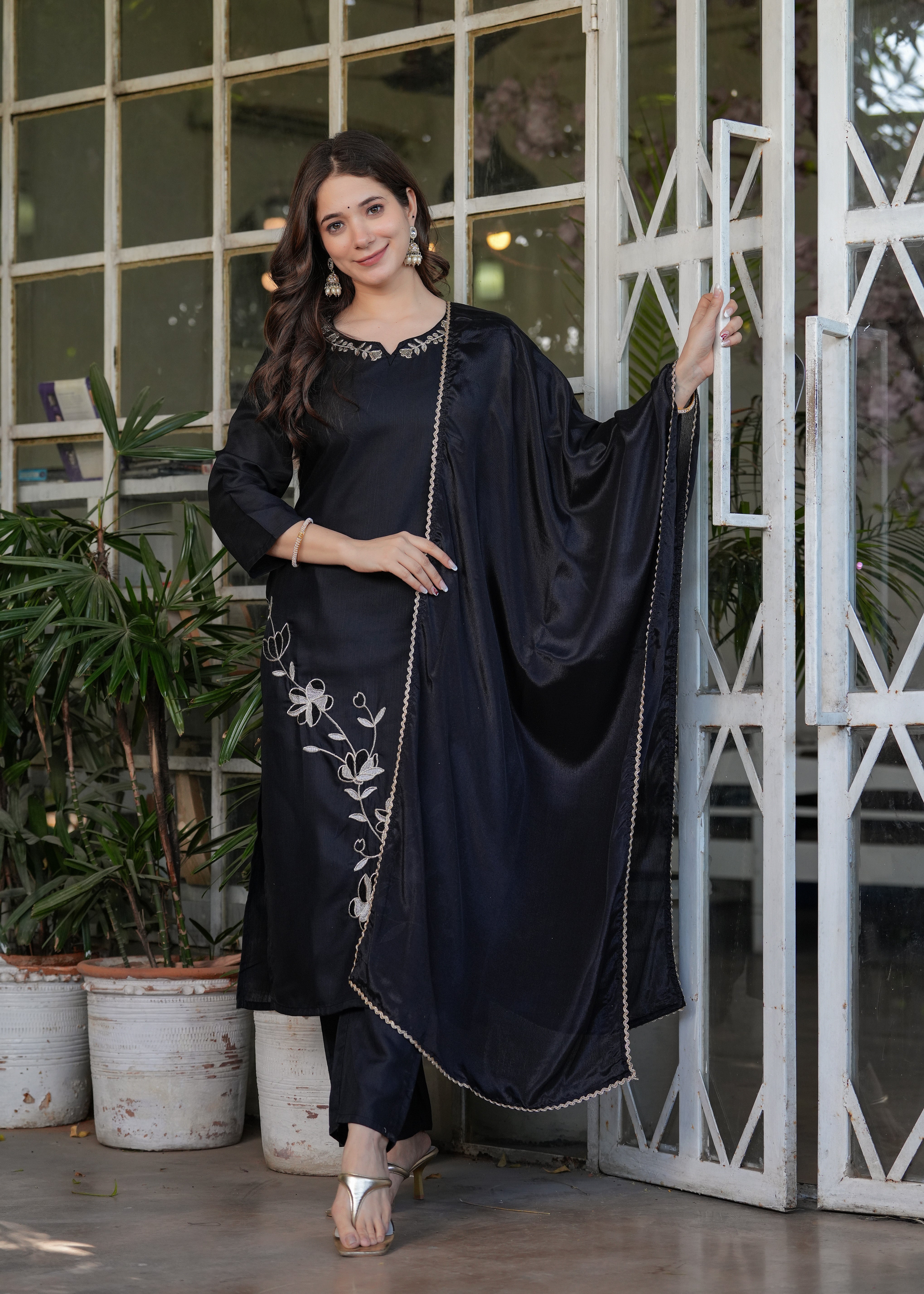 Beautiful Thread Work Viscose Rayon Fabric Straight Kurta, Pant and Dupatta Set