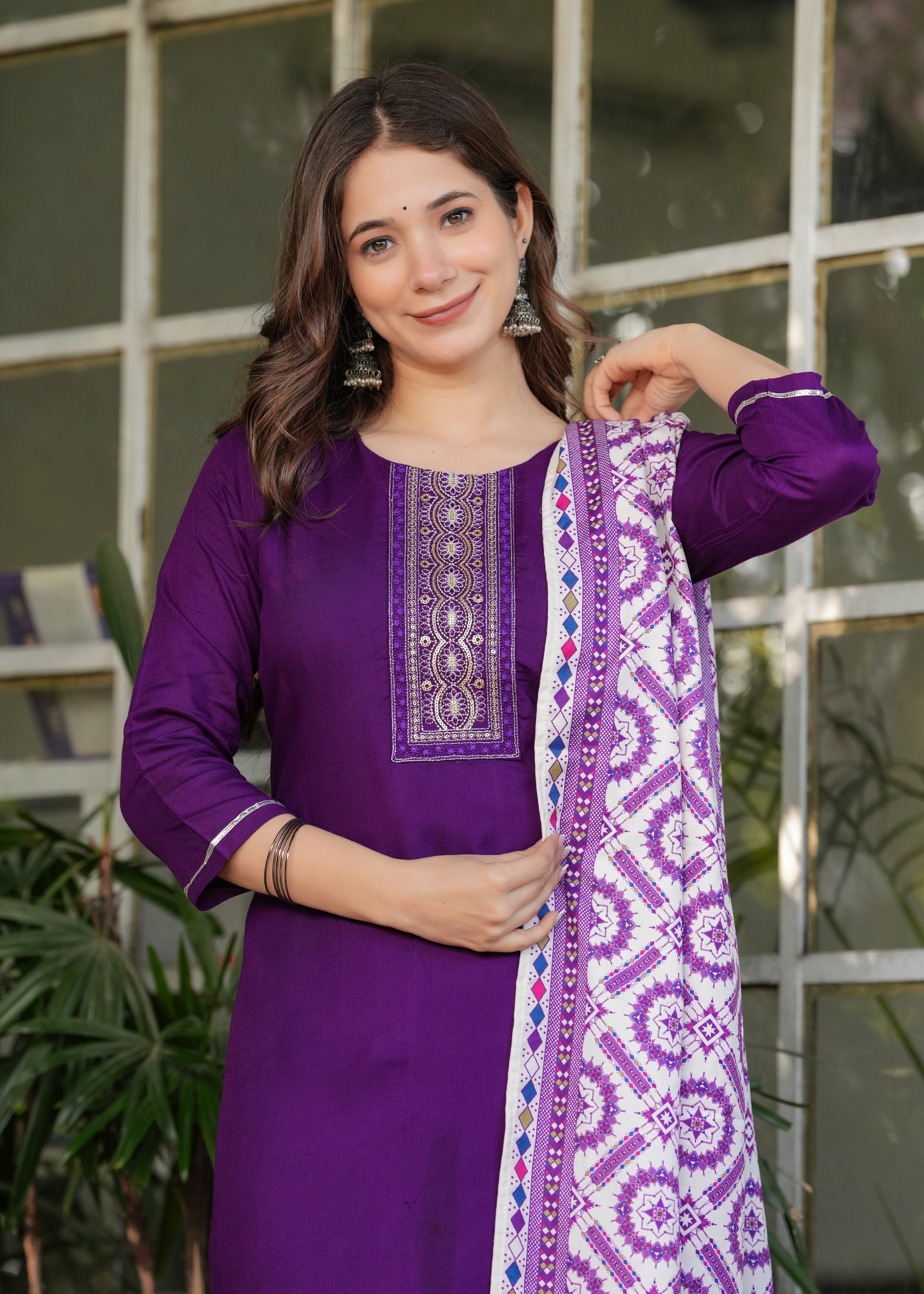 Women's Embroidered Rayon Fabric Straight Kurta, Pant and Dupatta Set
