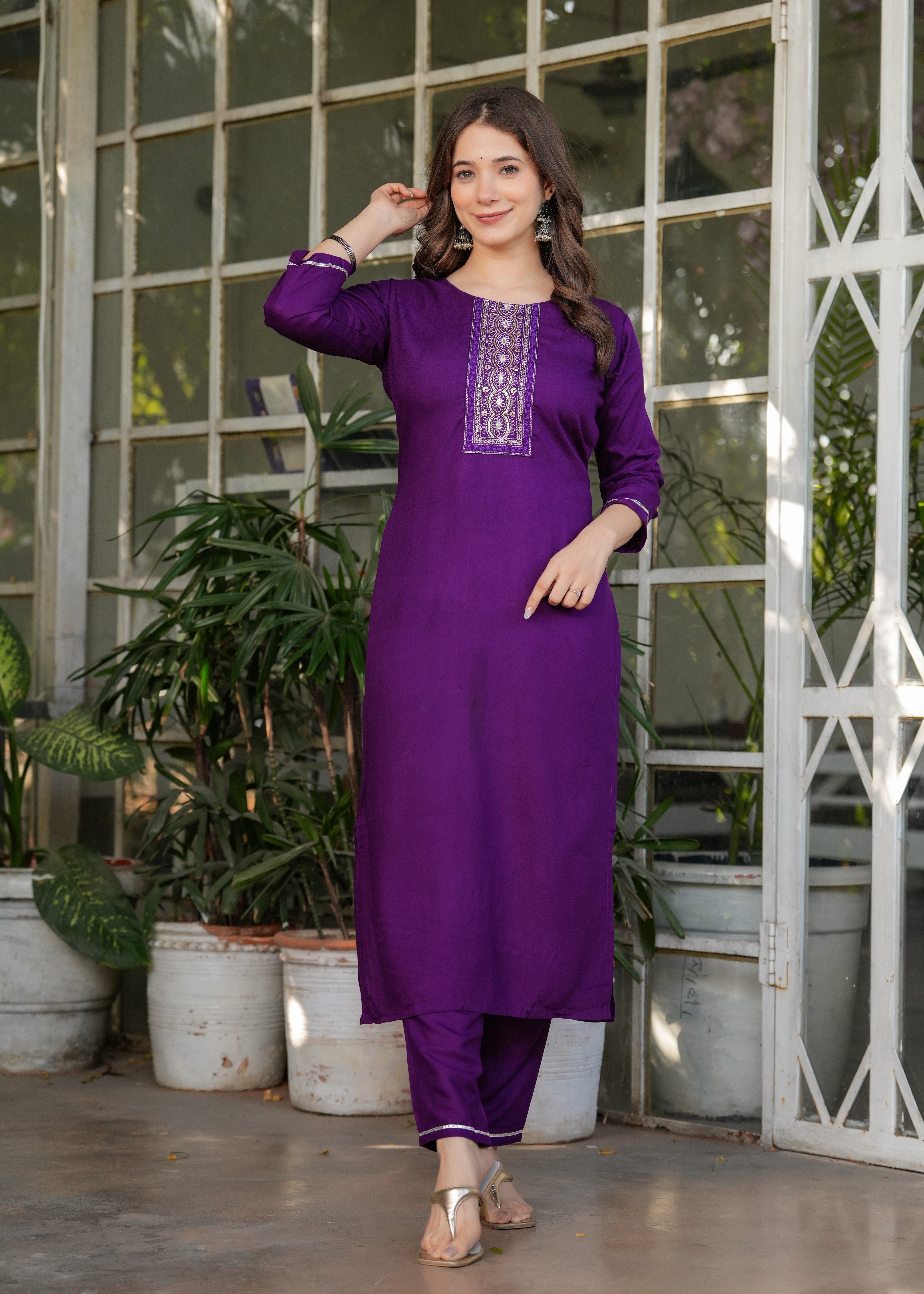 Women's Embroidered Rayon Fabric Straight Kurta, Pant and Dupatta Set