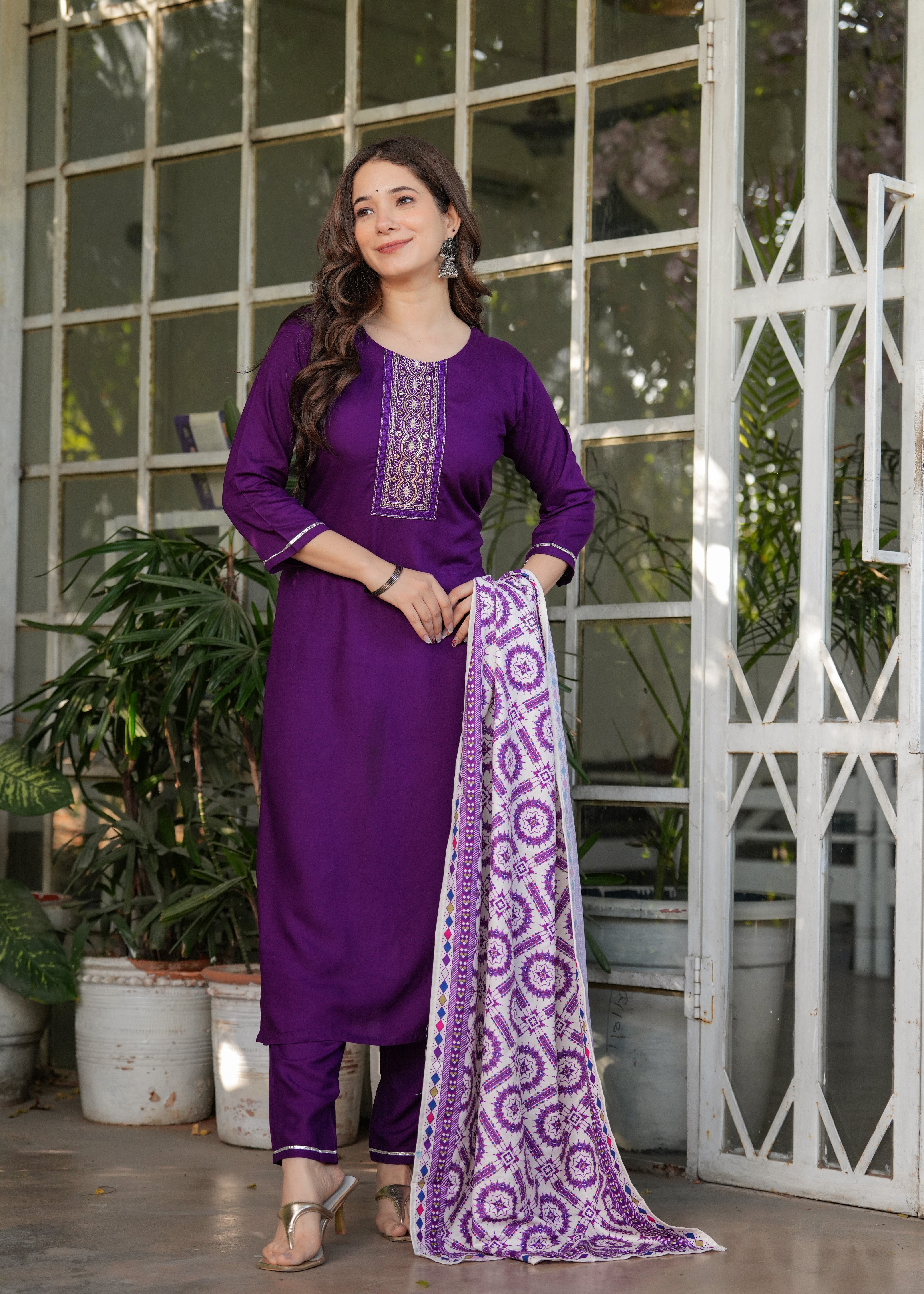 Women's Embroidered Rayon Fabric Straight Kurta, Pant and Dupatta Set