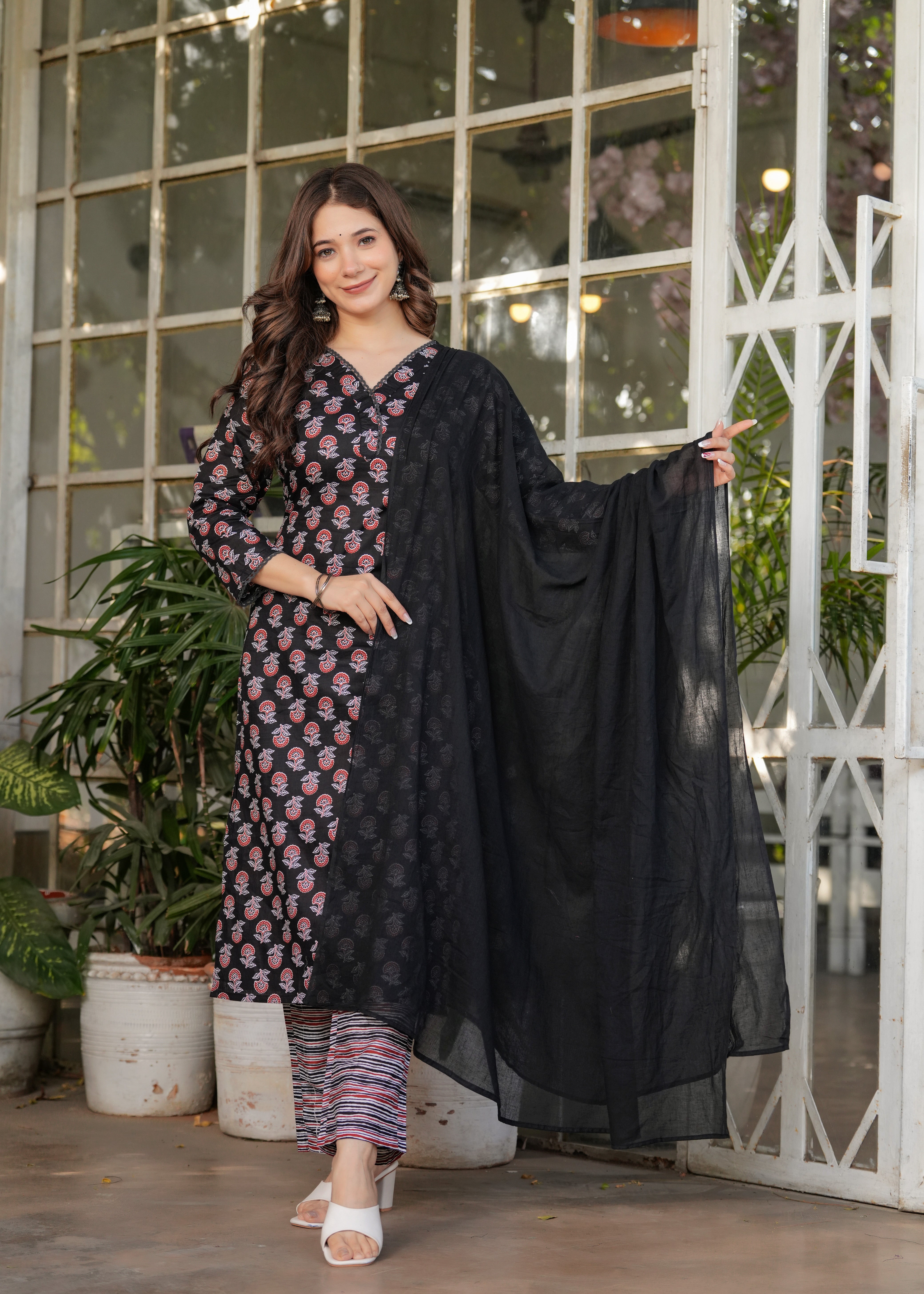 Women's Printed Pure Cotton Fabric Straight Kurta, Pant and Dupatta Set