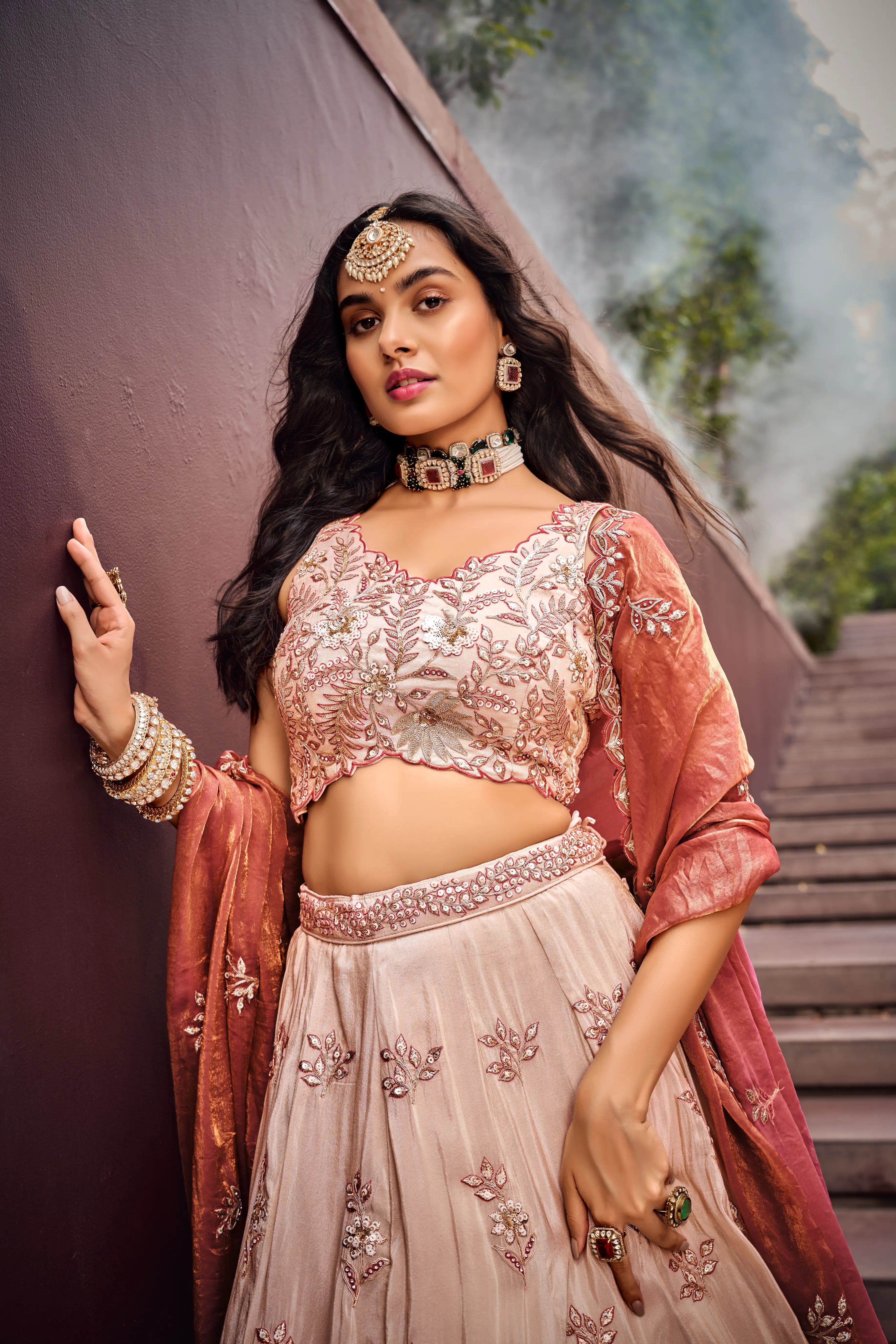 Rose Gold Viscose fabric Sequins work Lehenga