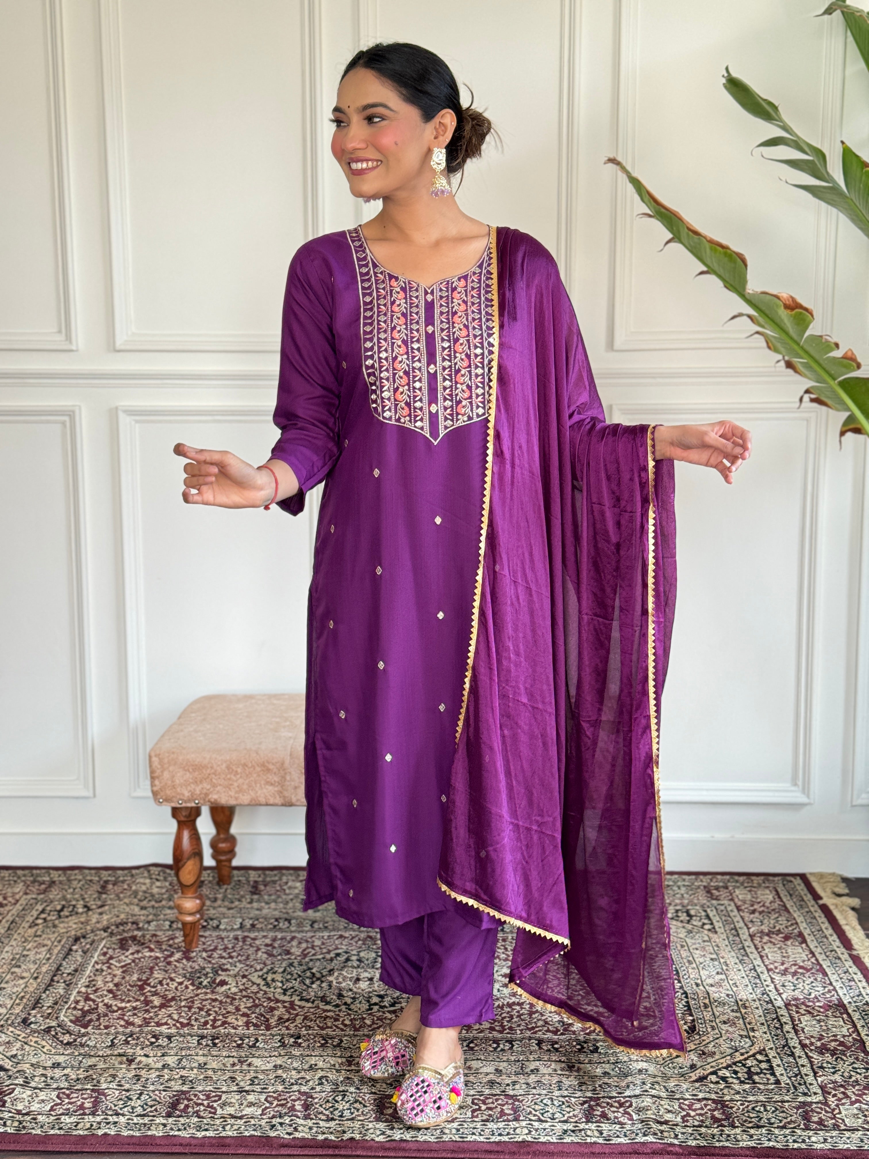 Wine Viscose Chanderi Kurta Set With Embroidery