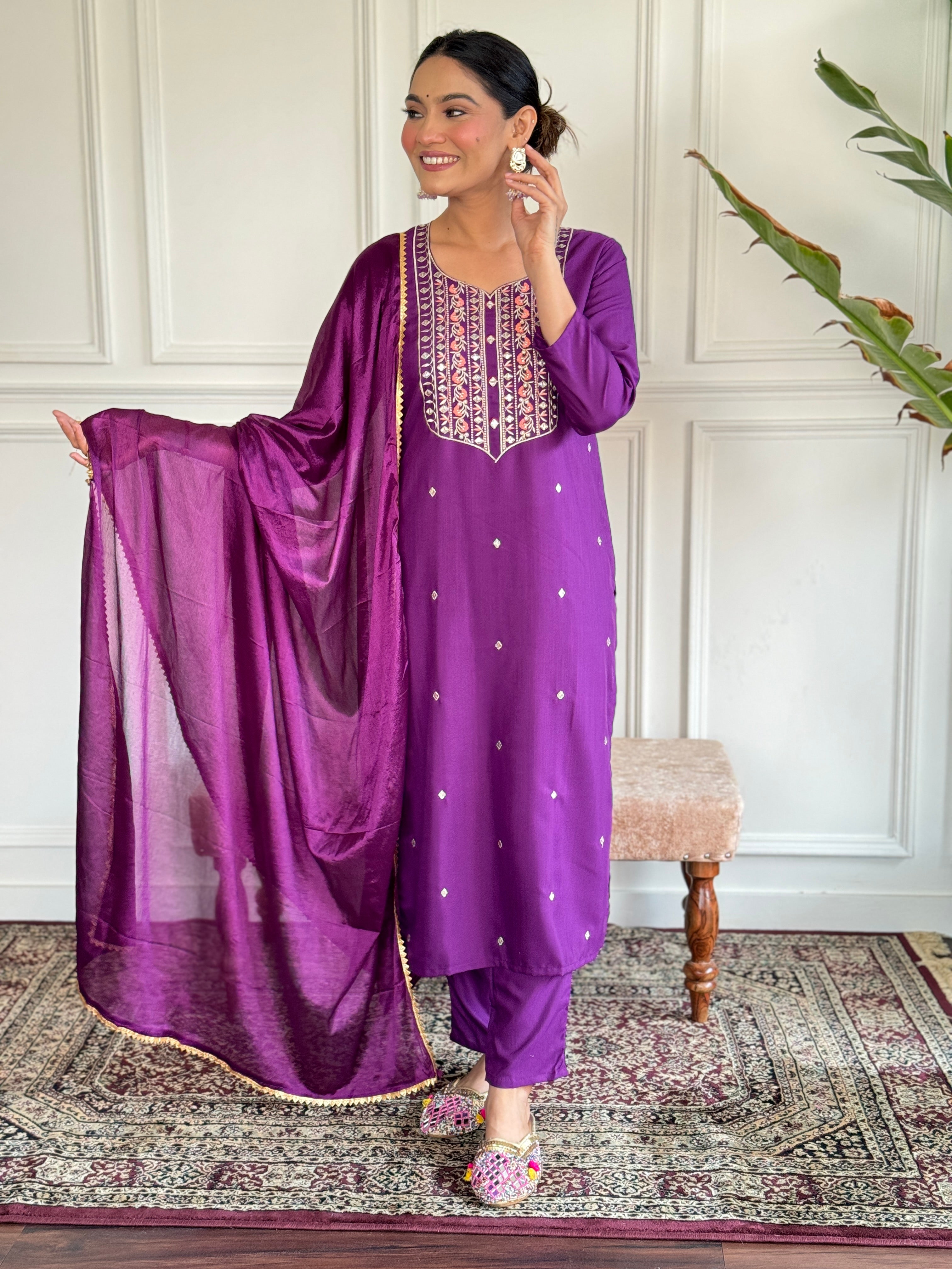 Wine Viscose Chanderi Kurta Set With Embroidery