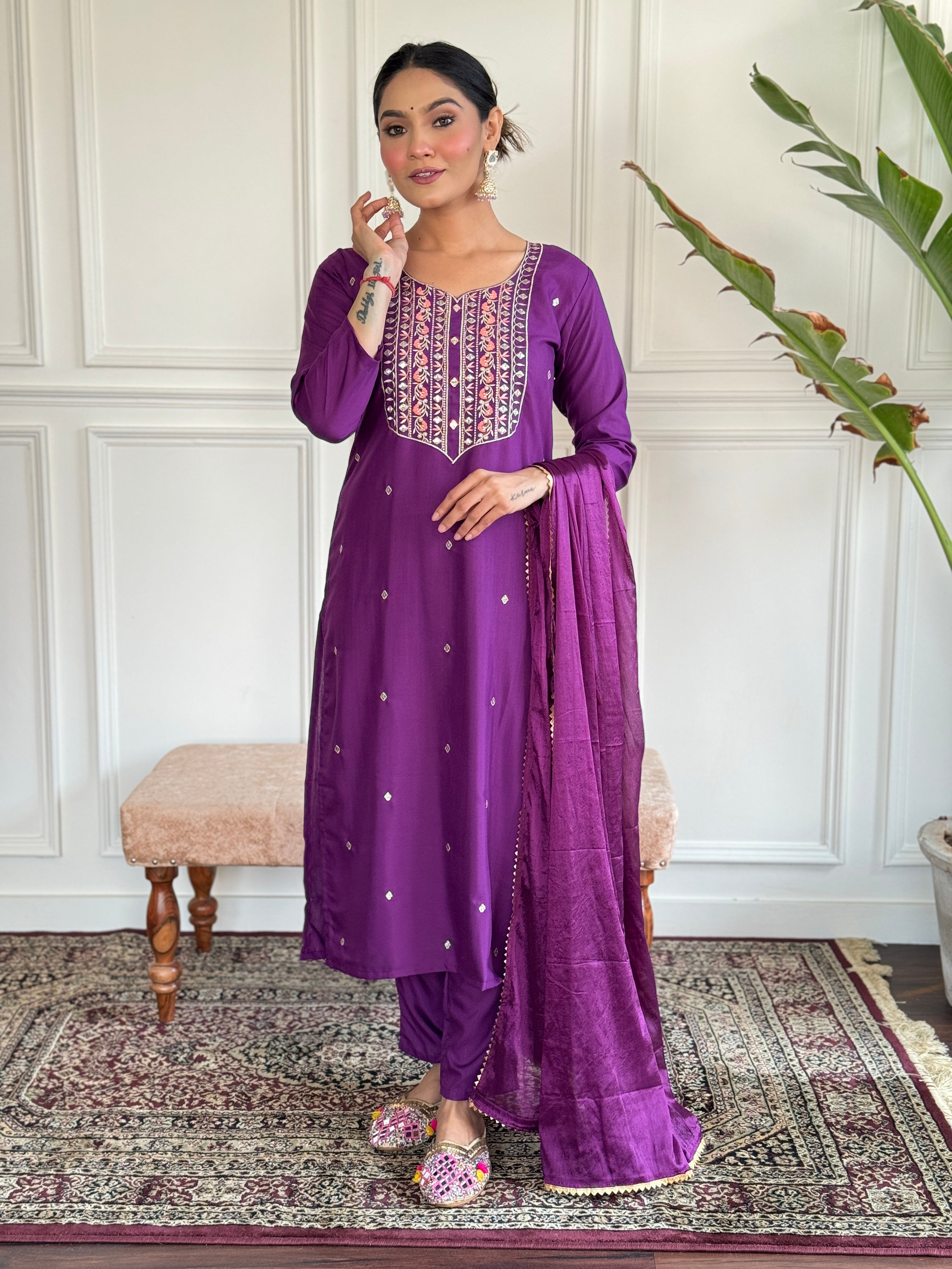 Wine Viscose Chanderi Kurta Set With Embroidery