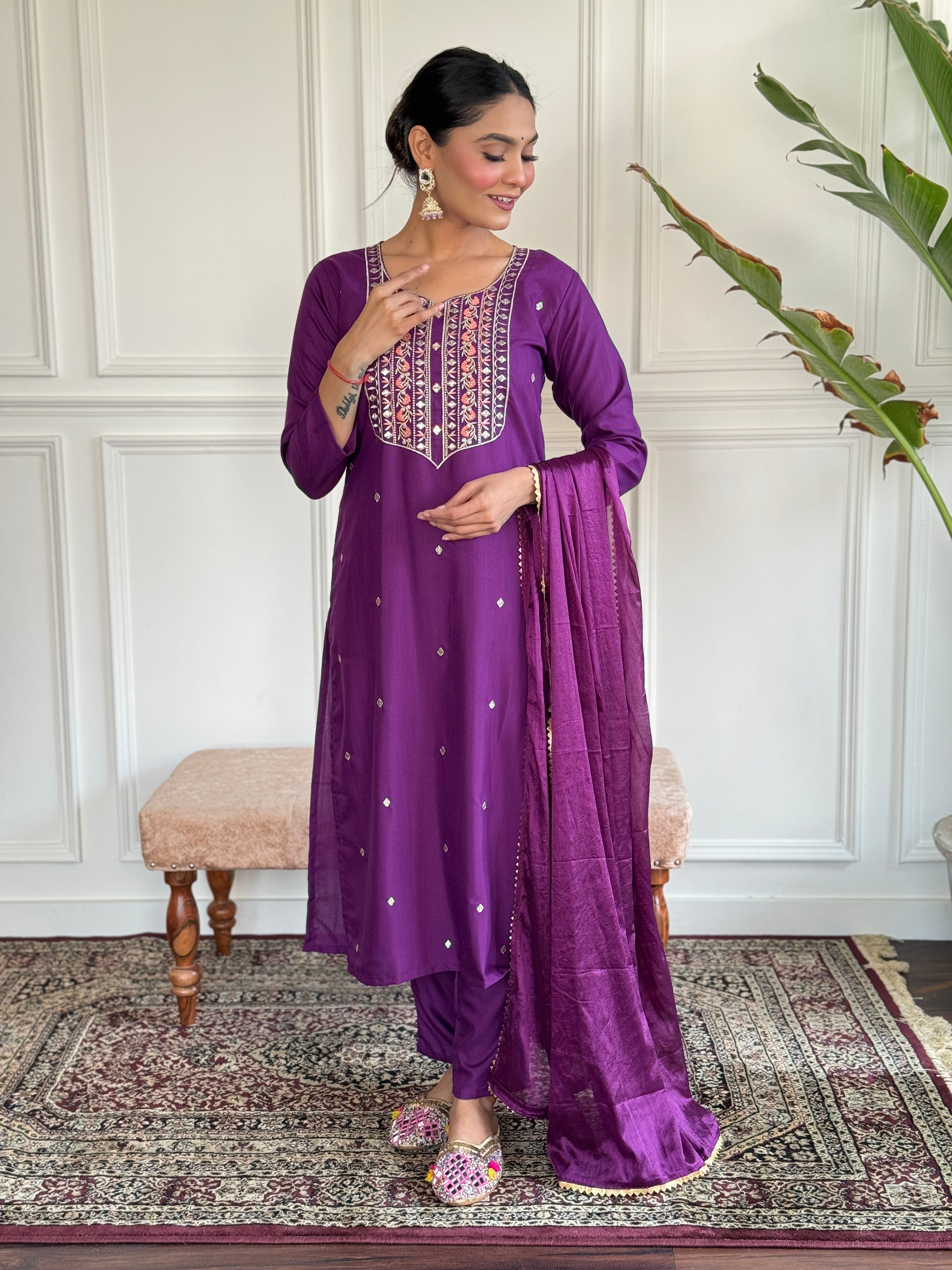 Wine Viscose Chanderi Kurta Set With Embroidery