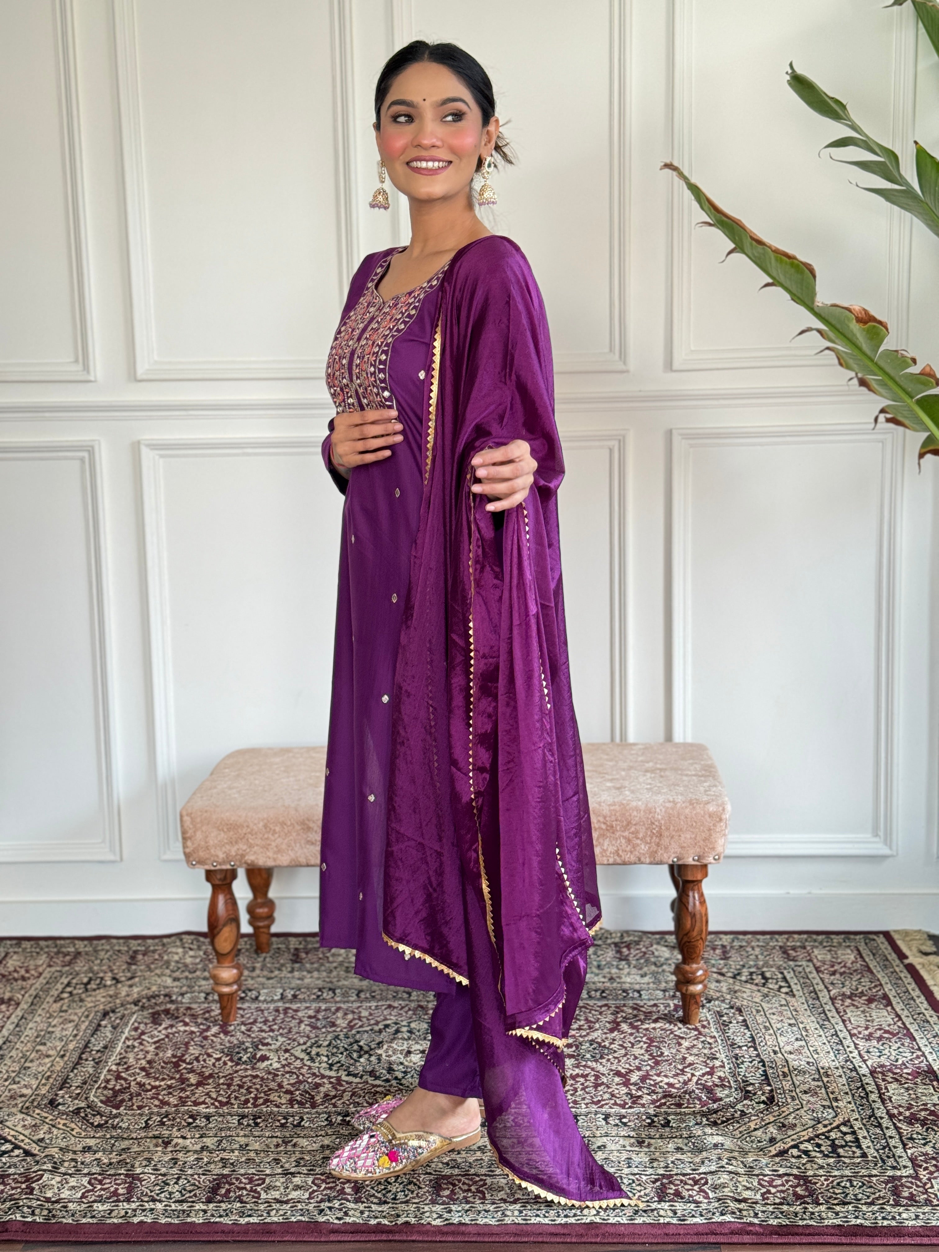 Wine Viscose Chanderi Kurta Set With Embroidery