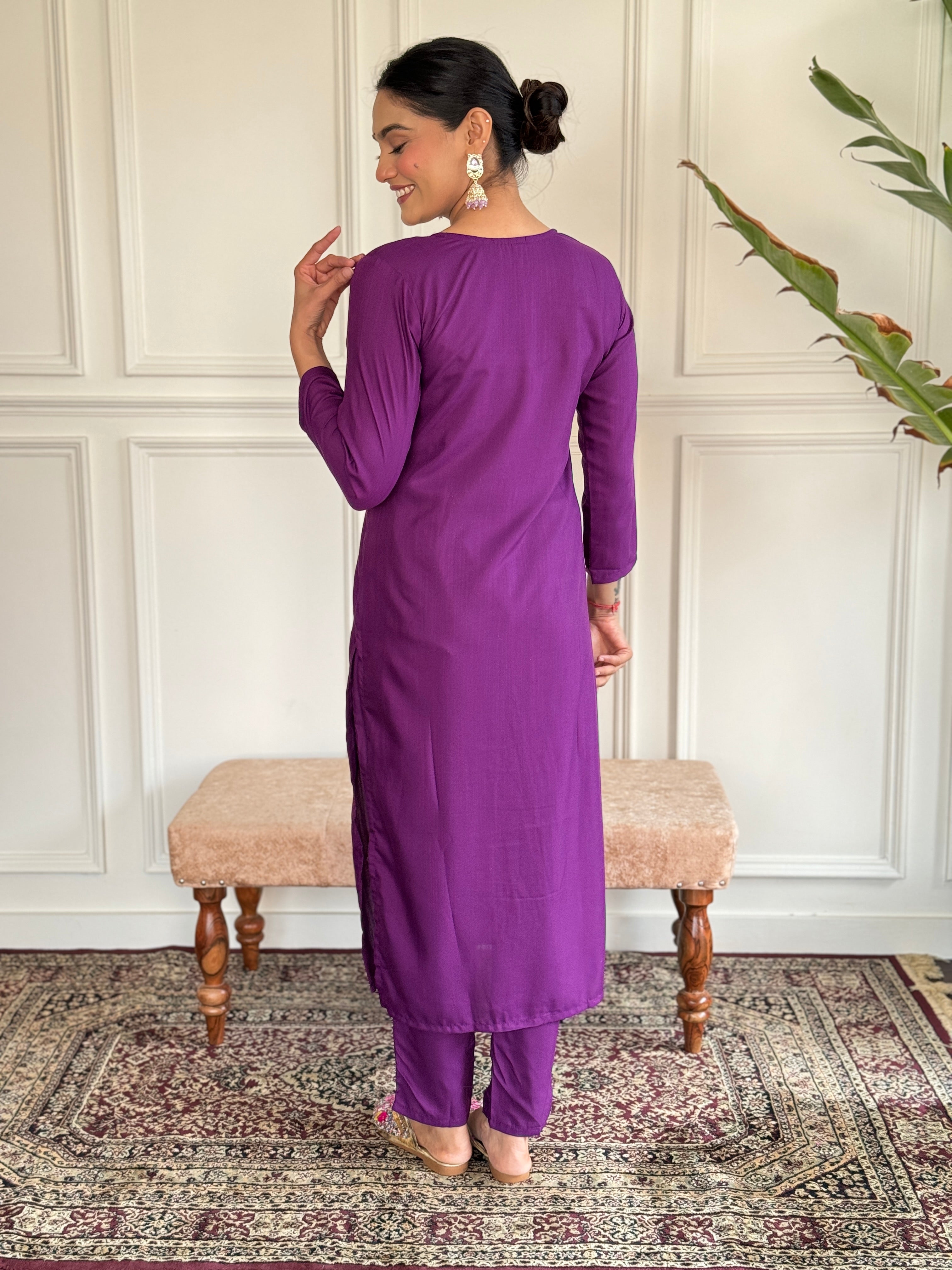 Wine Viscose Chanderi Kurta Set With Embroidery