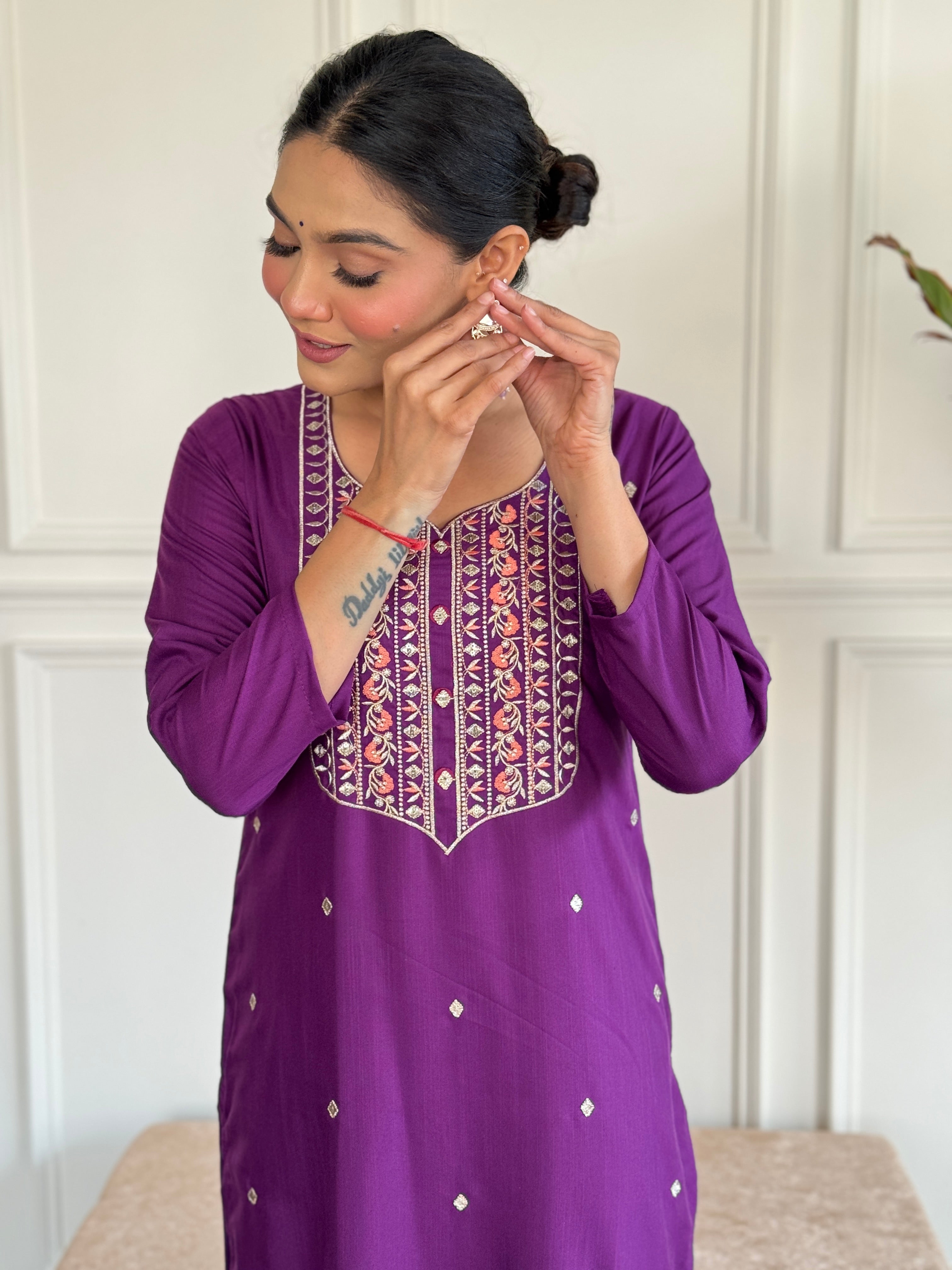 Wine Viscose Chanderi Kurta Set With Embroidery