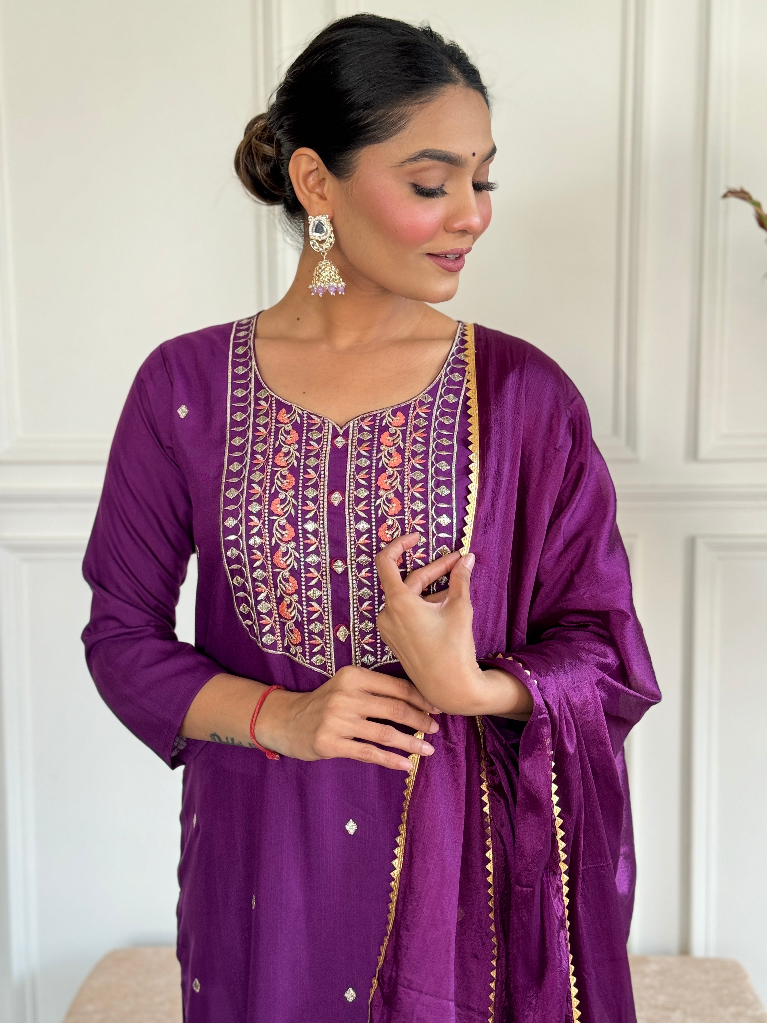 Wine Viscose Chanderi Kurta Set With Embroidery