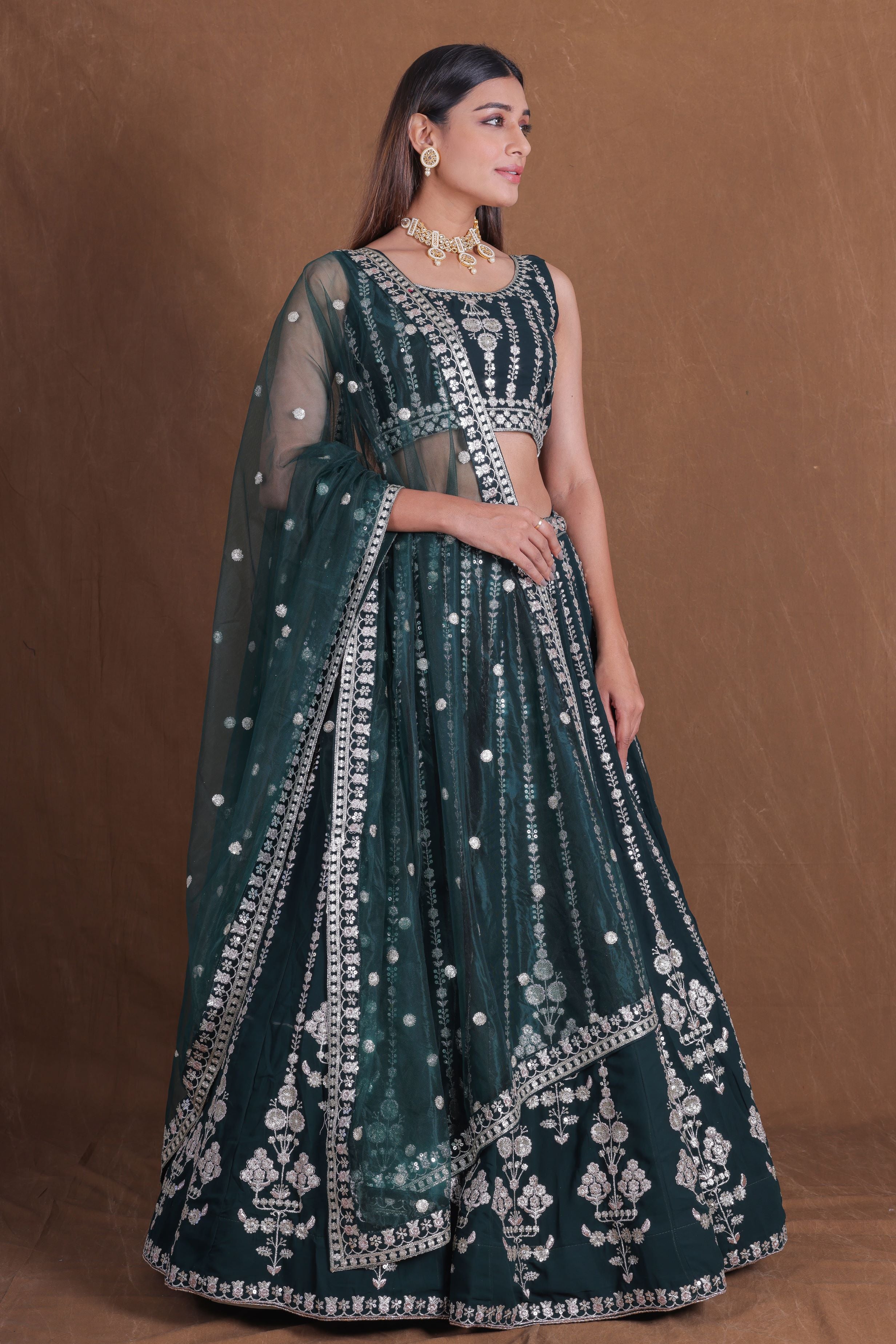 Green Georgette Thread Sequence Embroidery Work Lehenga Choli