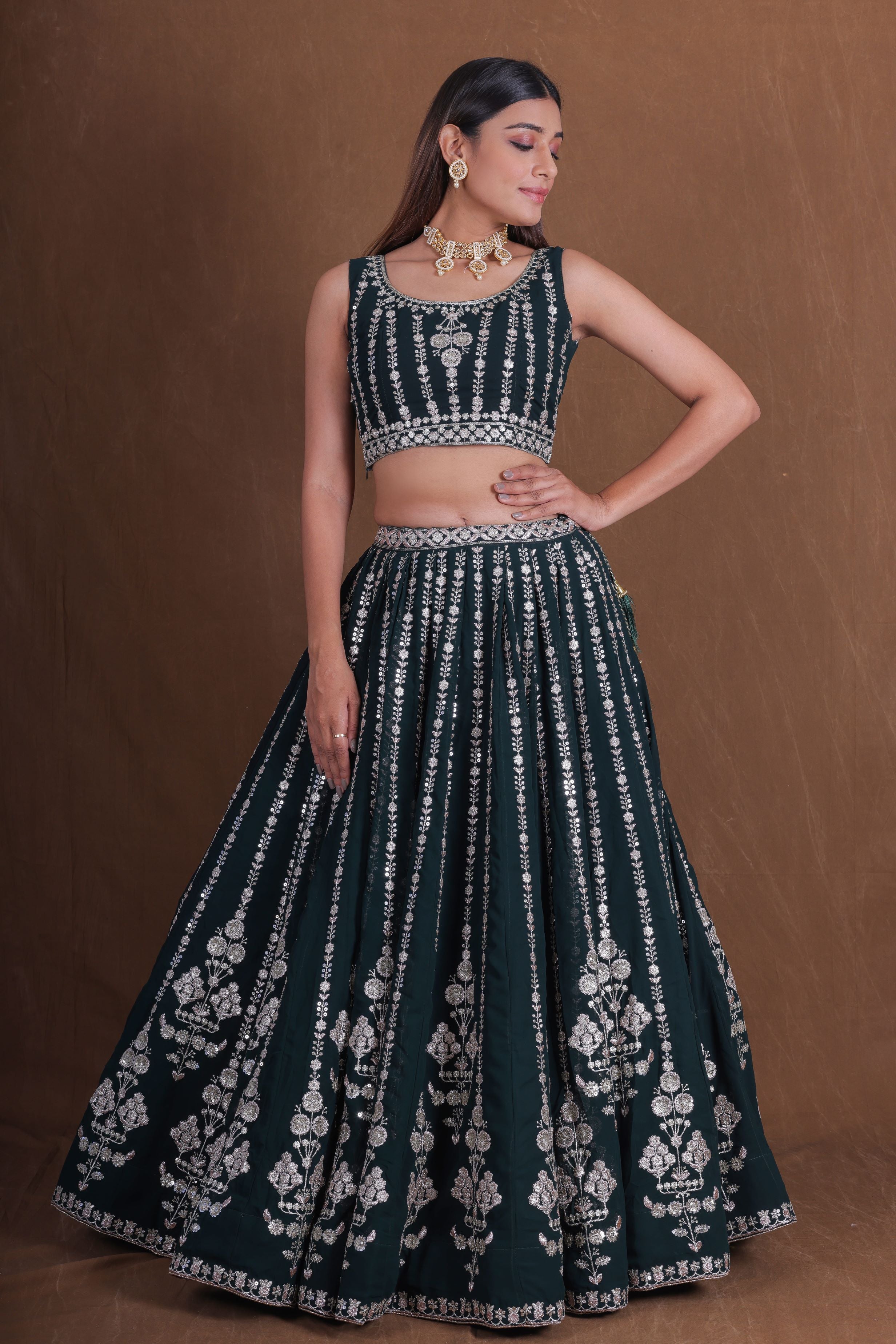 Green Georgette Thread Sequence Embroidery Work Lehenga Choli
