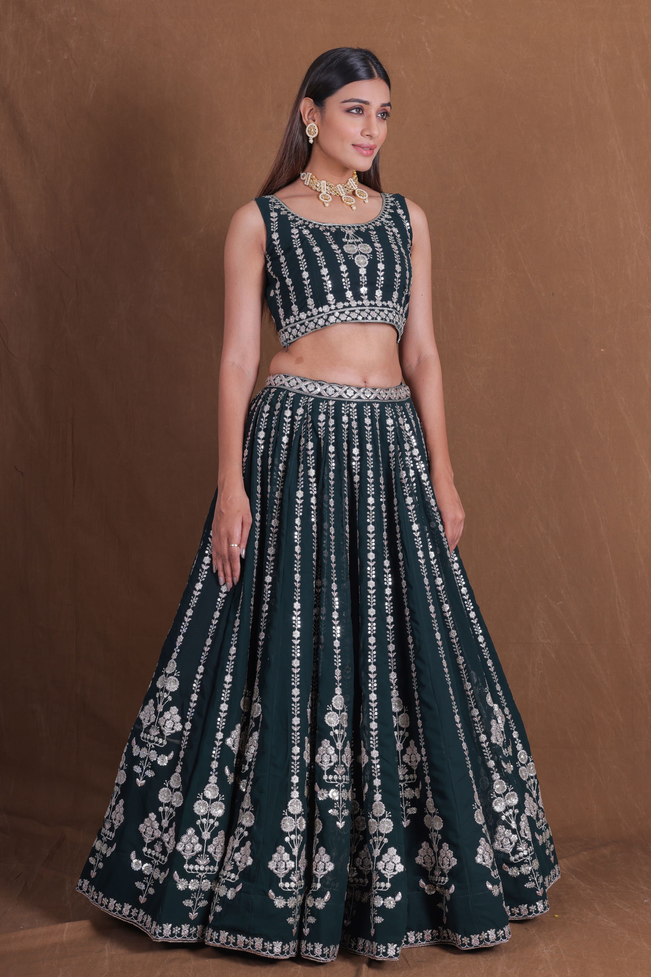 Green Georgette Thread Sequence Embroidery Work Lehenga Choli