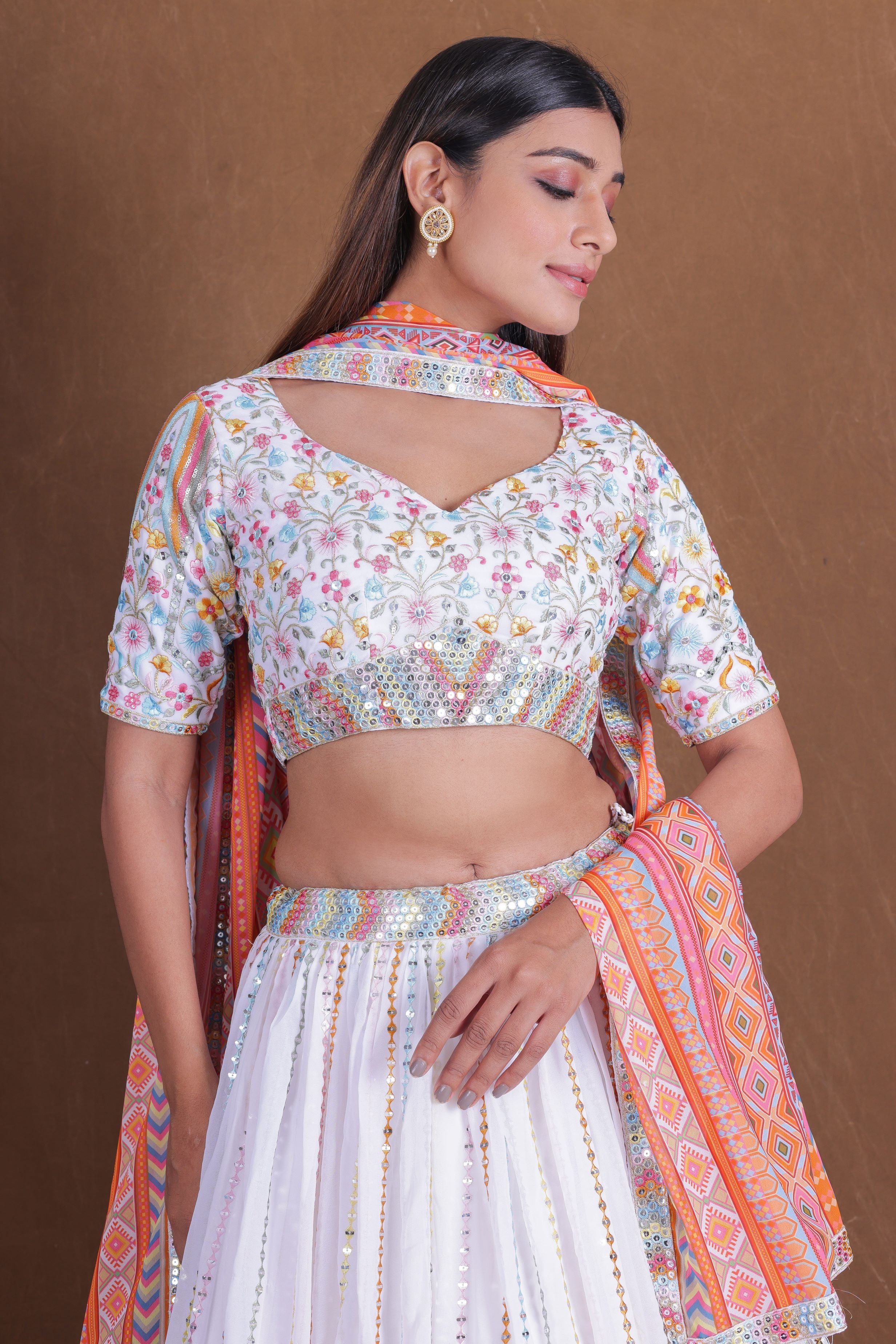 White Multi Thread Work Georgette Lehenga Choli
