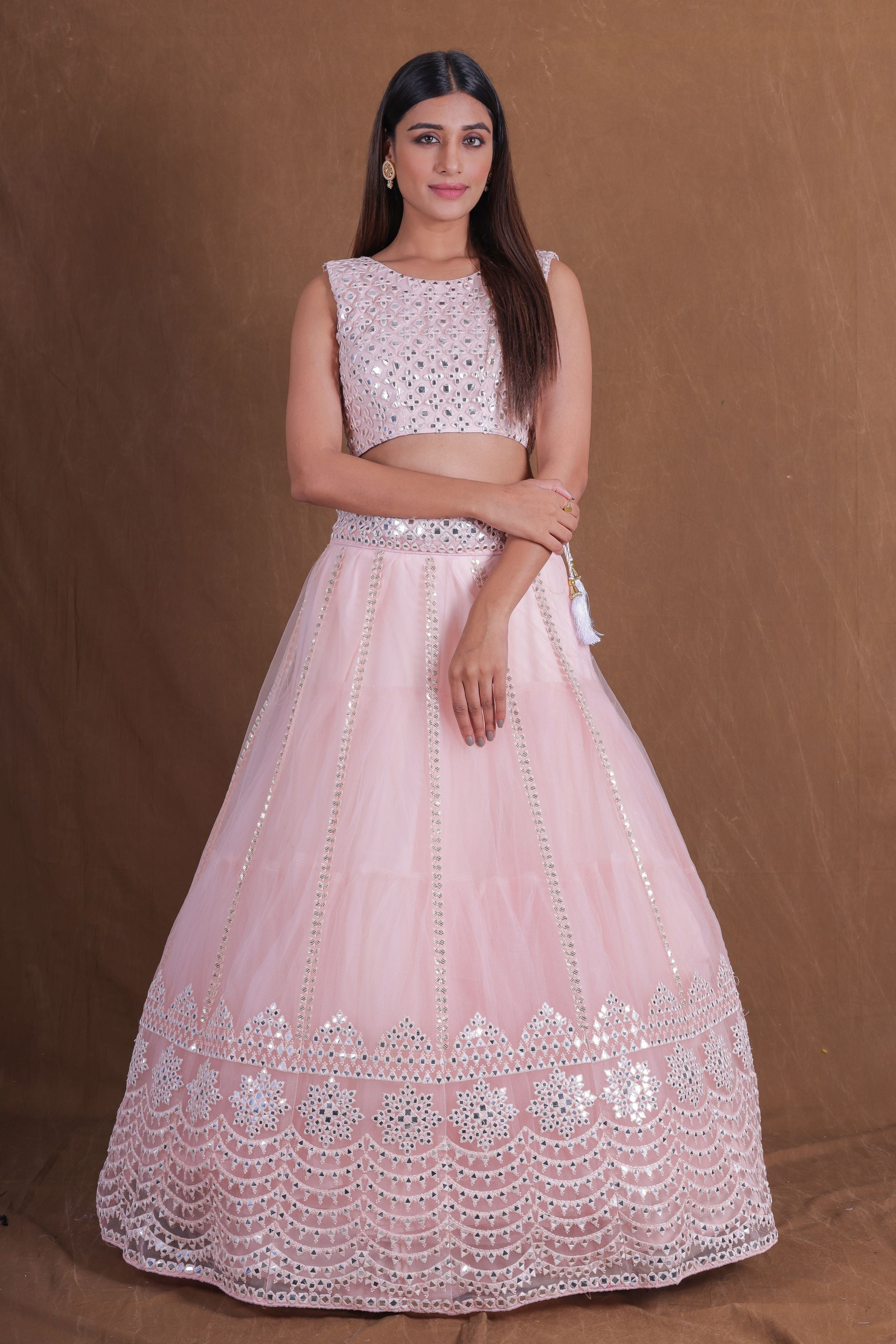 Pink Soft Net Embroidery Foli Mirror Work Lehenga Choli