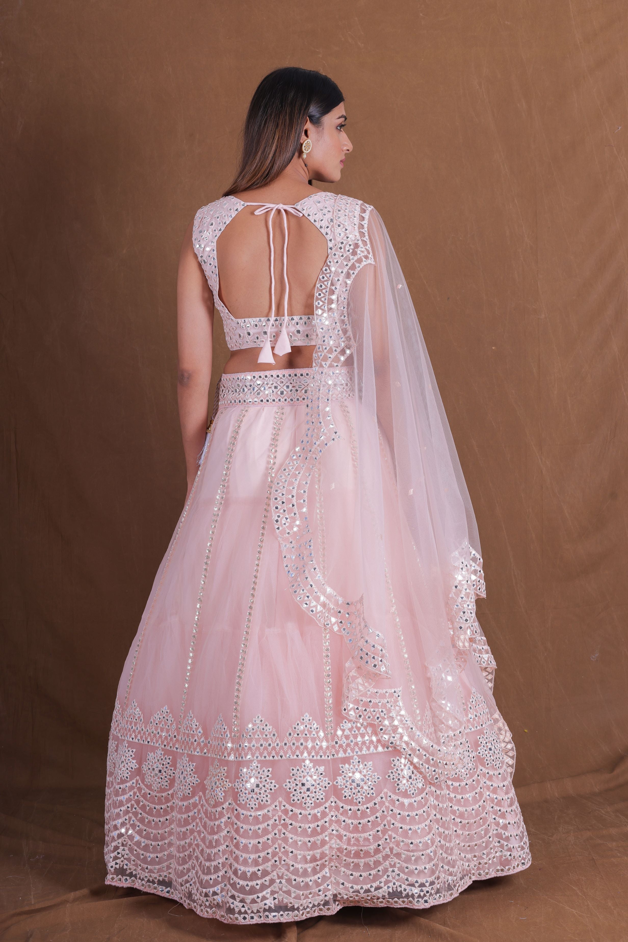 Pink Soft Net Embroidery Foli Mirror Work Lehenga Choli