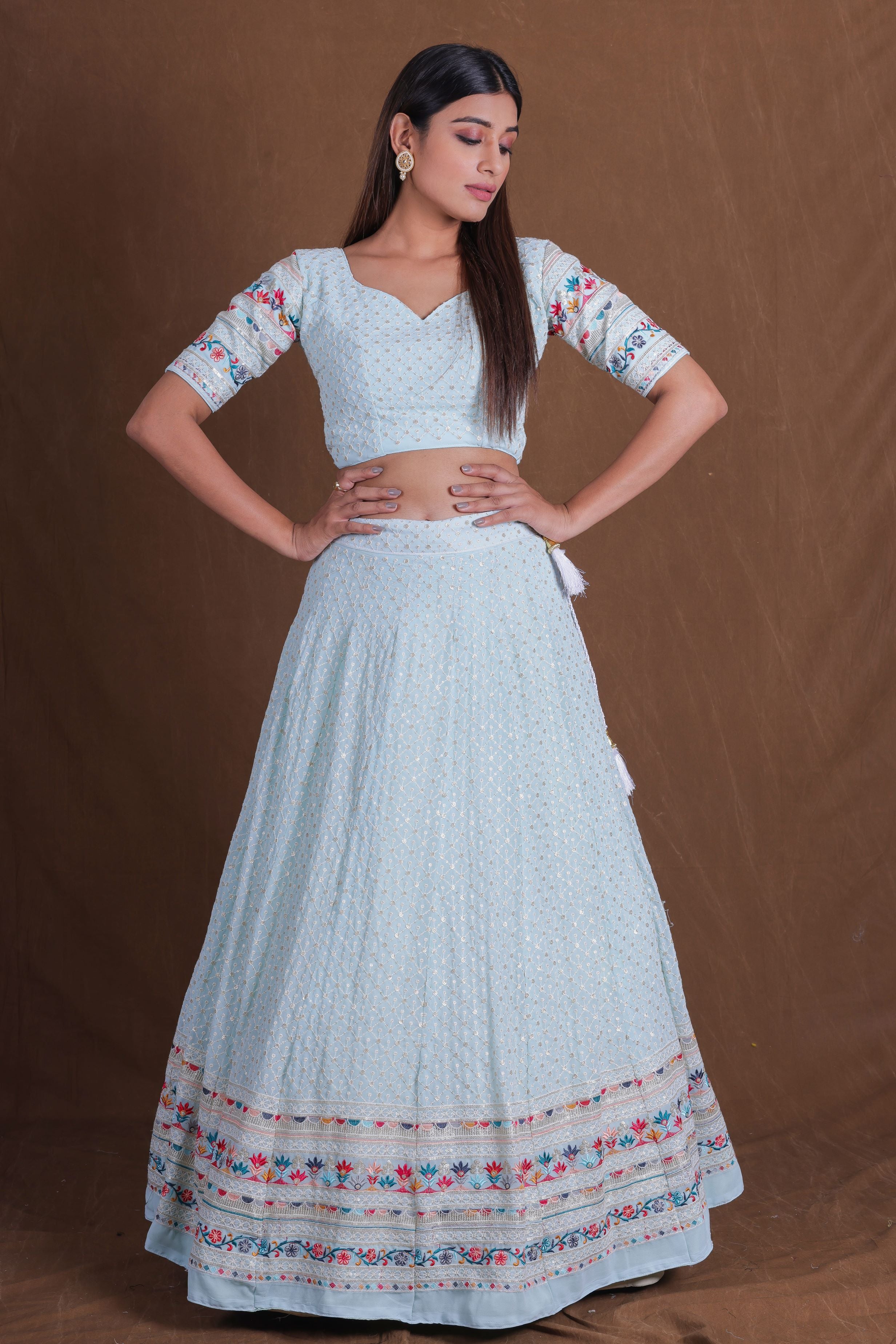 SkyBlue Multi Thread Work Georgette Lehenga Choli