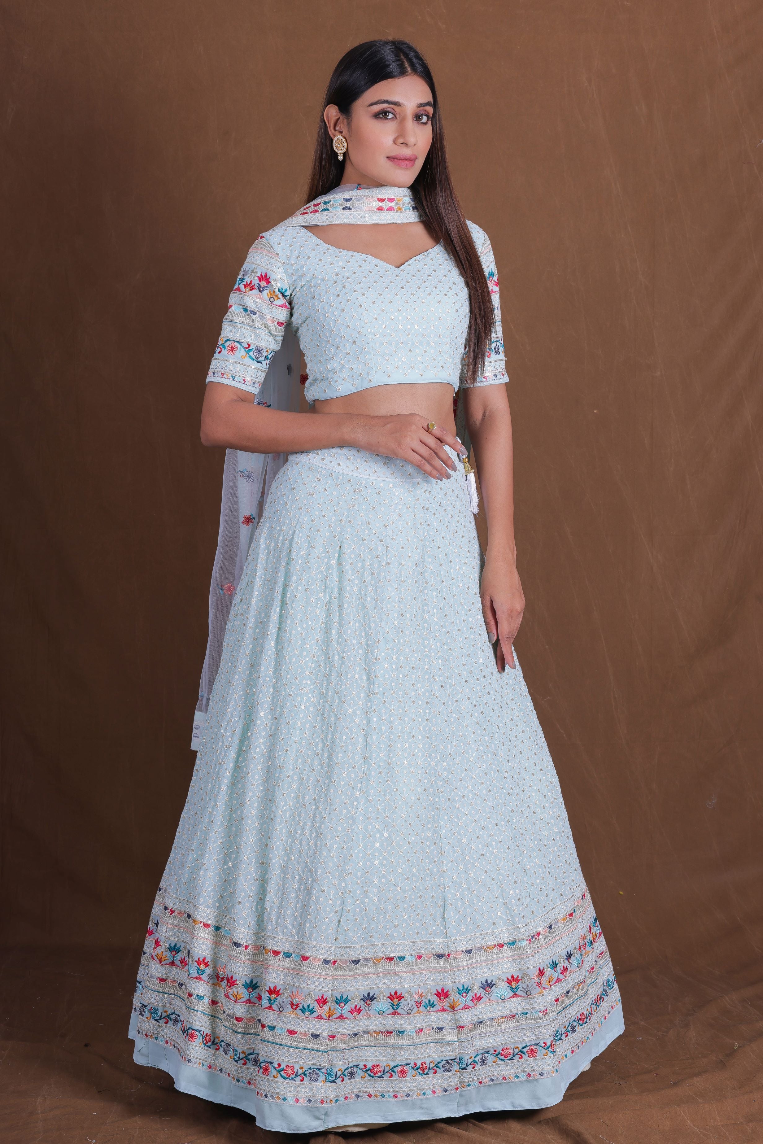 SkyBlue Multi Thread Work Georgette Lehenga Choli