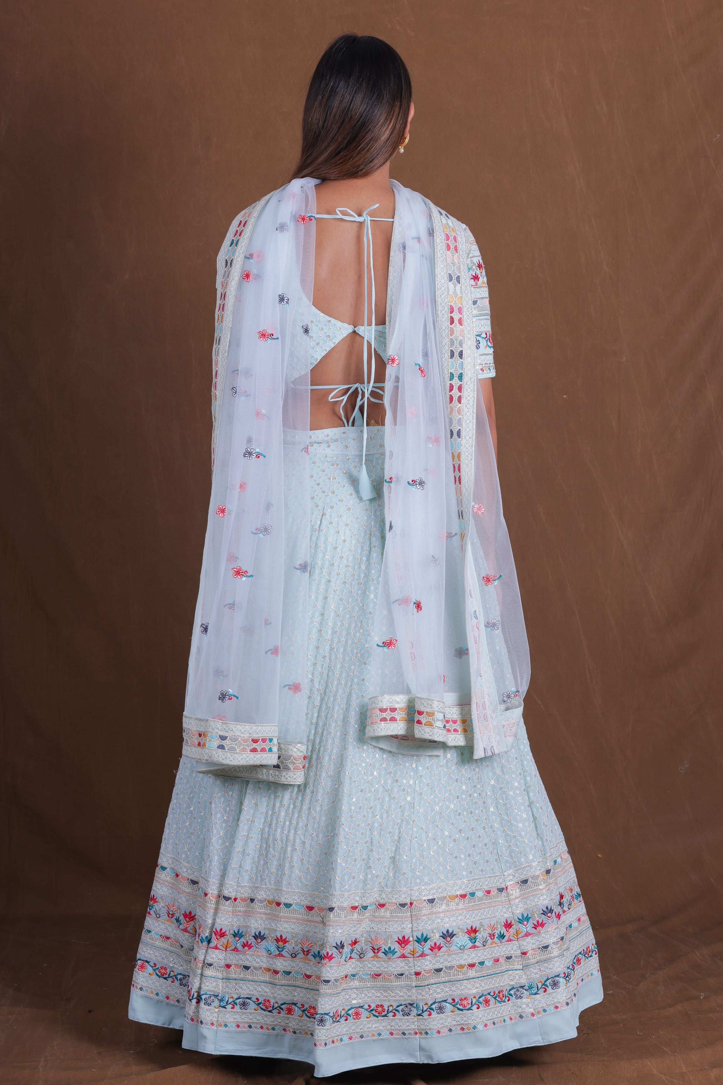 SkyBlue Multi Thread Work Georgette Lehenga Choli
