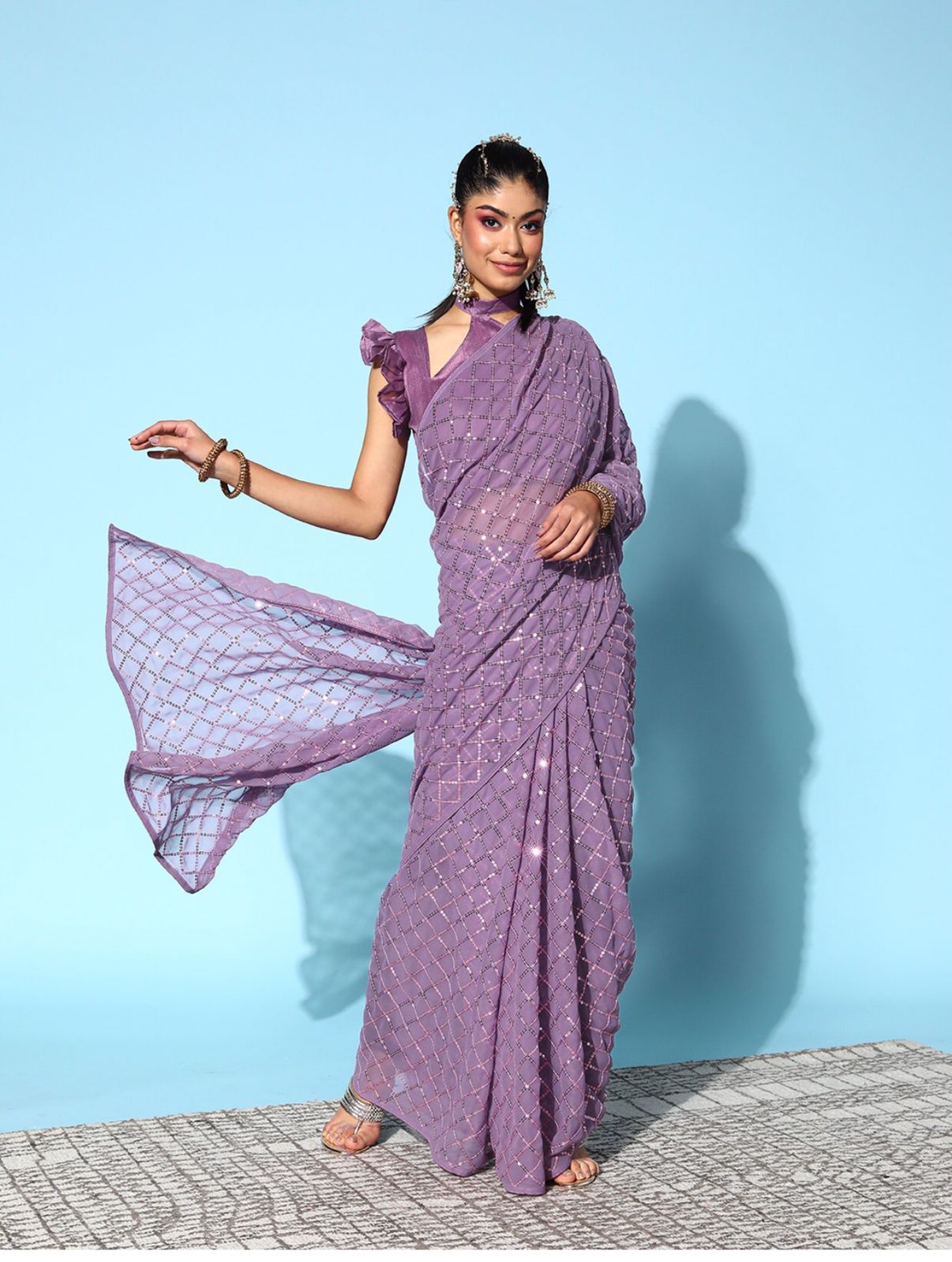 Solid Embellished Sequinned Pure Georgette Saree