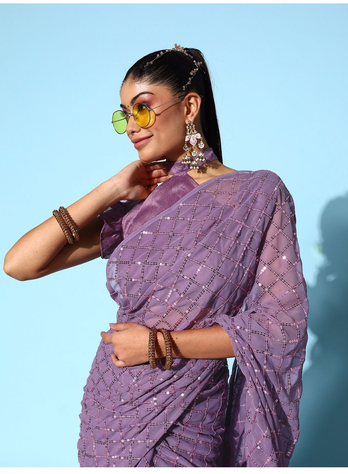 Solid Embellished Sequinned Pure Georgette Saree