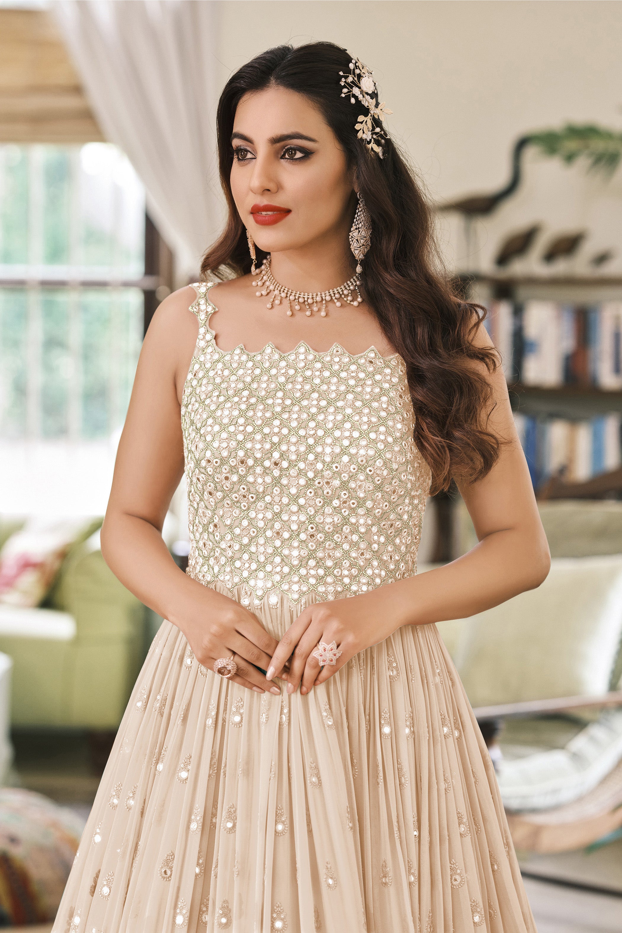 BeigeEmbroidery & Sequence WorkFaux GeorgetteKurta Set