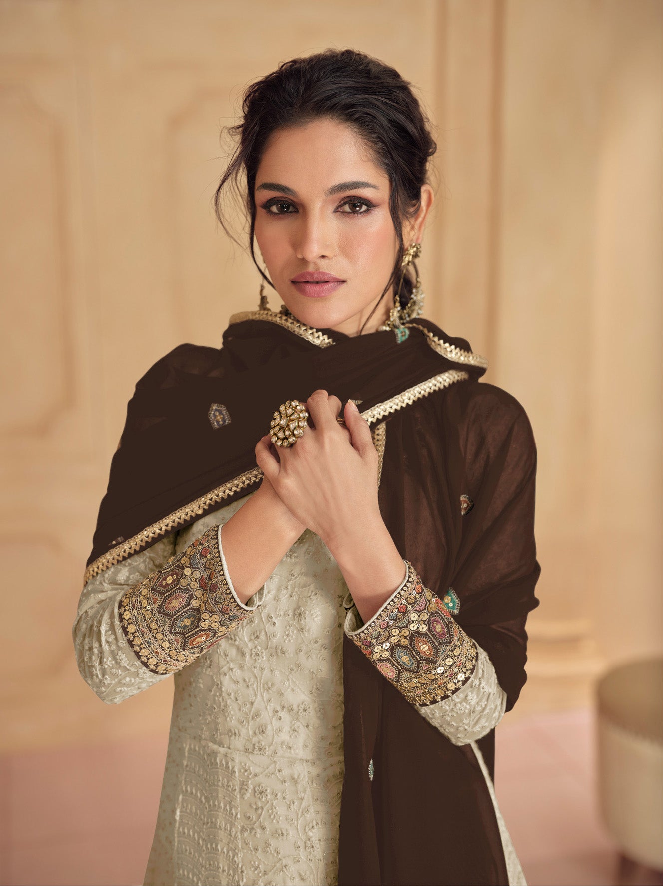 BeigeEmbroidery & Sequence WorkHeavy Faux GeorgetteKurta Set