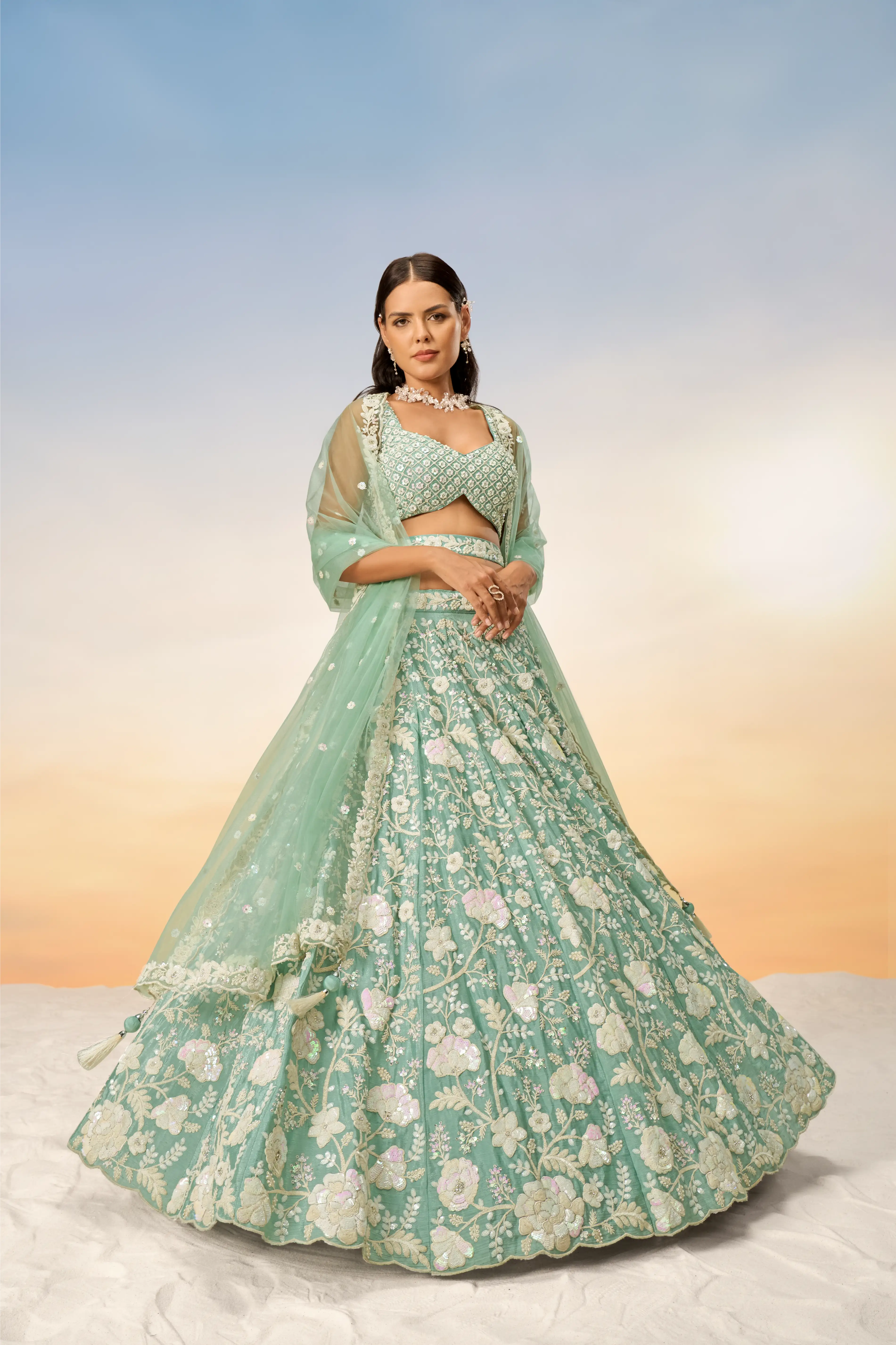 Sea Green Chinon Sequins and Zarkan embroidery Lehenga Set
