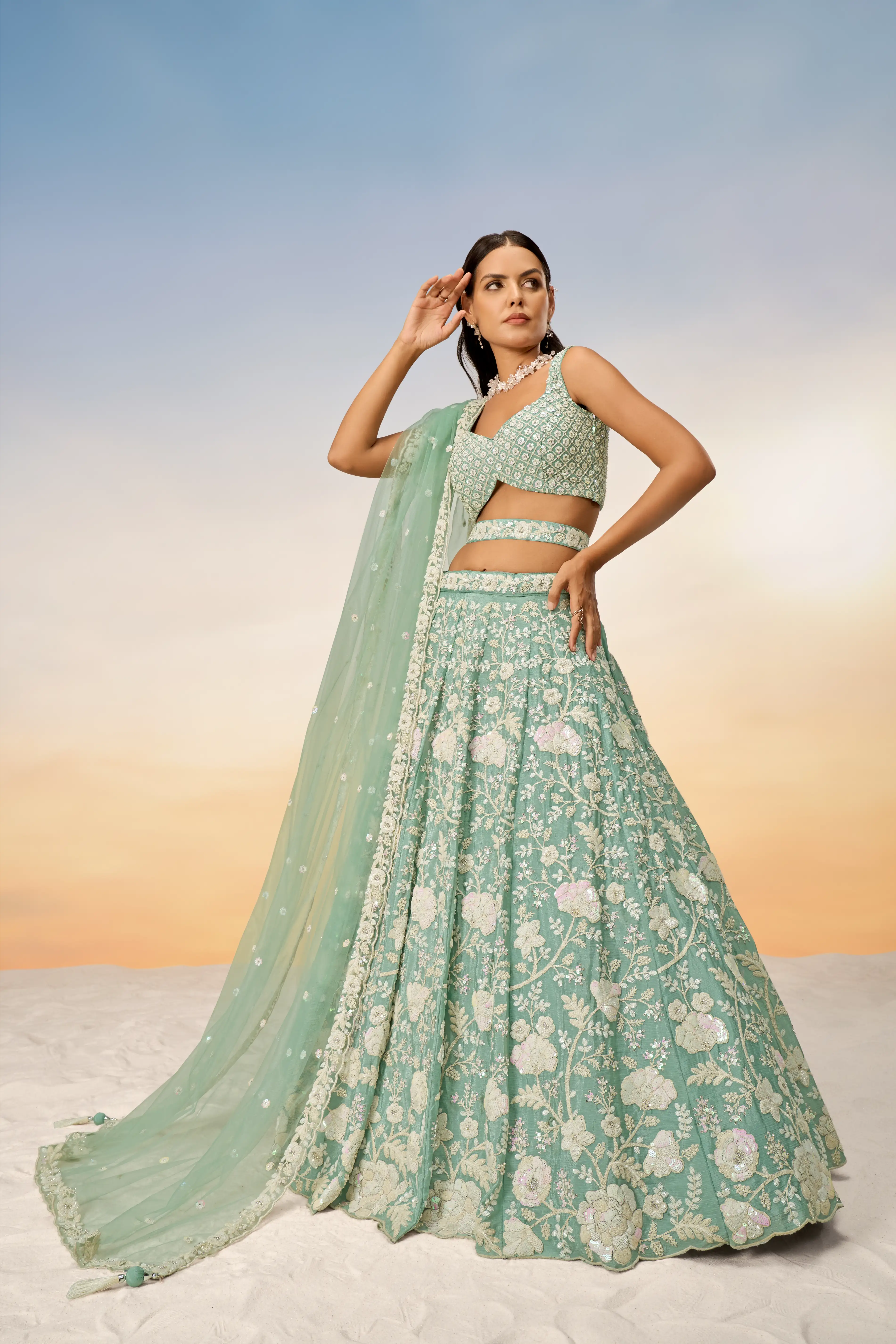 Sea Green Chinon Sequins and Zarkan embroidery Lehenga Set