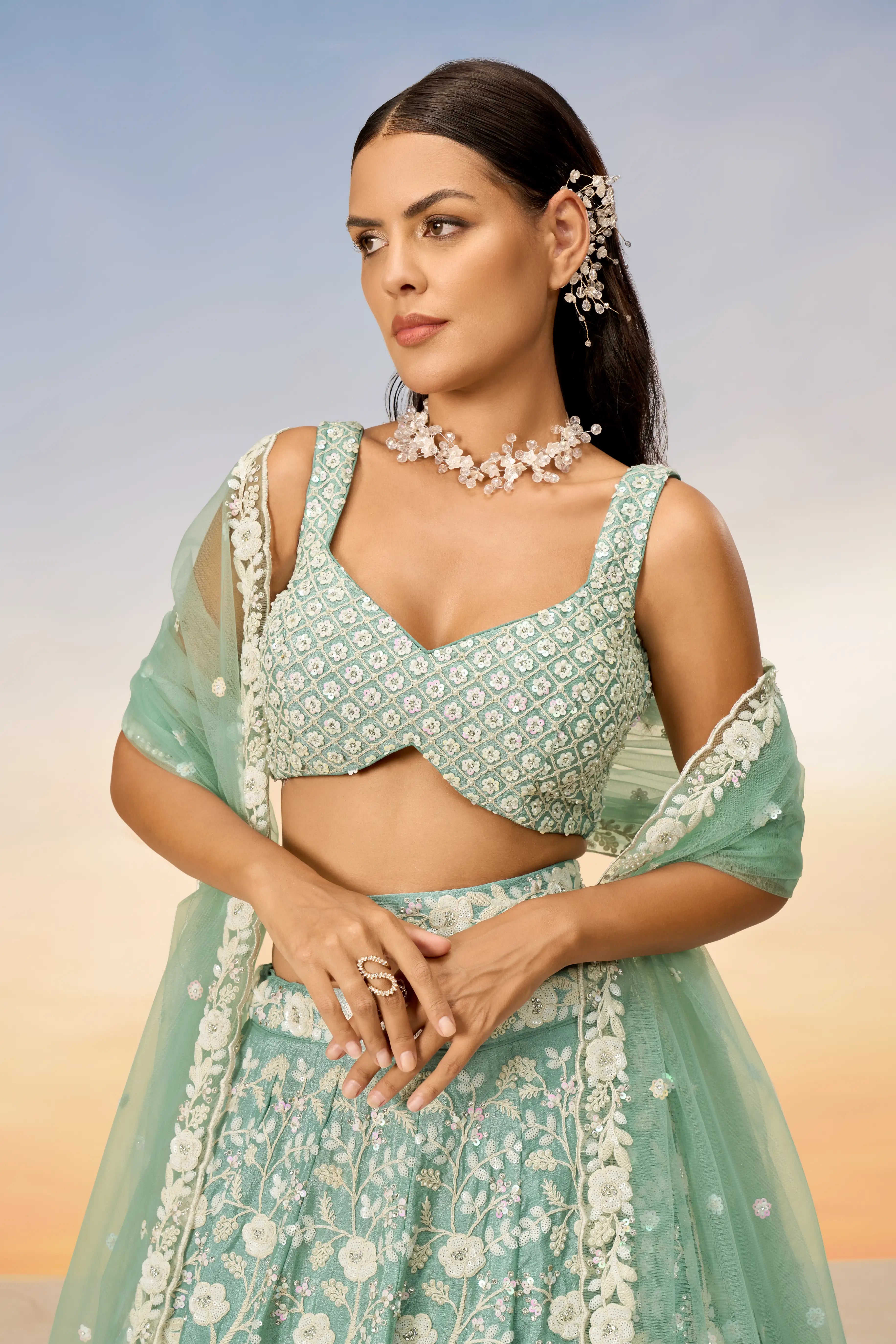 Sea Green Chinon Sequins and Zarkan embroidery Lehenga Set