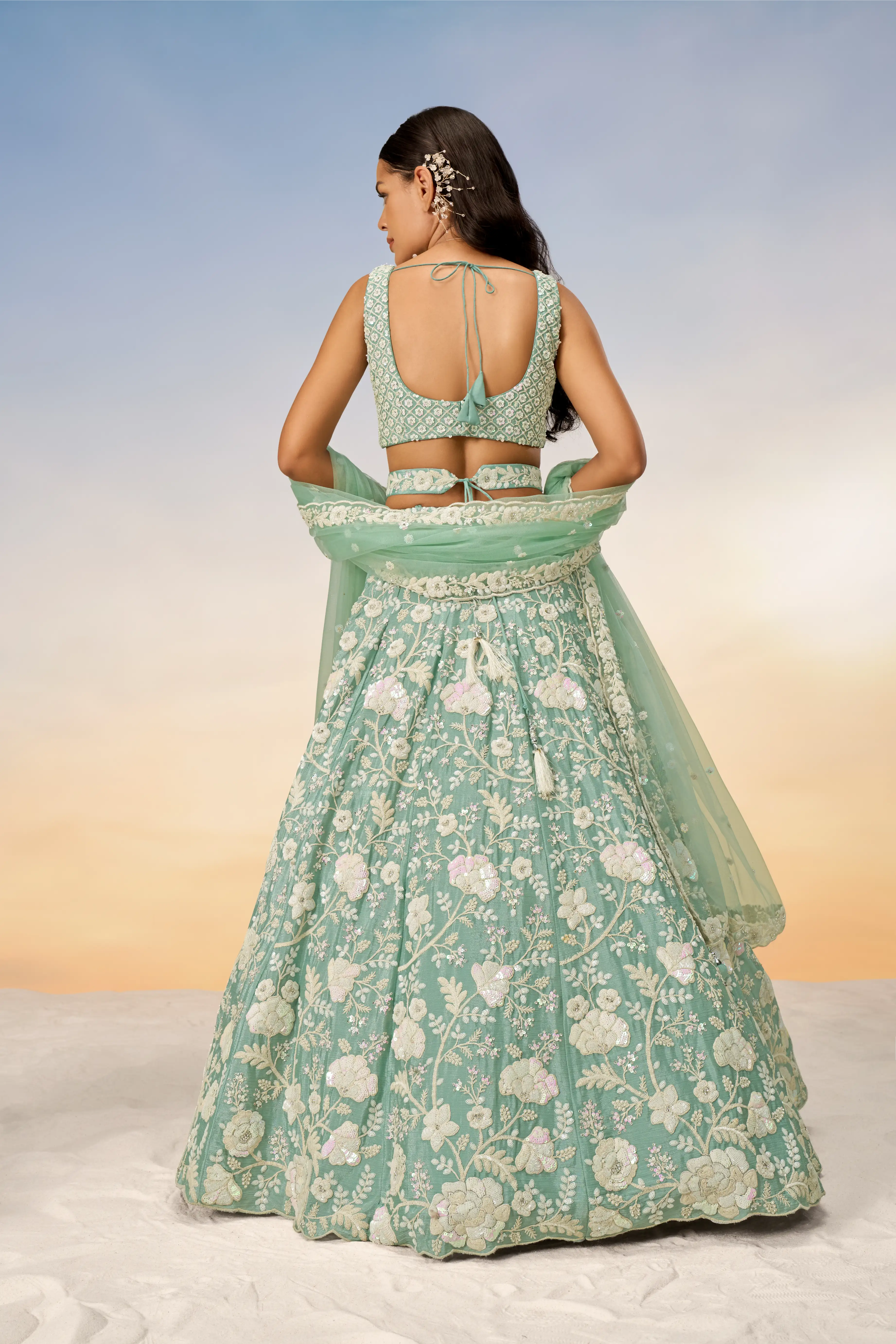 Sea Green Chinon Sequins and Zarkan embroidery Lehenga Set
