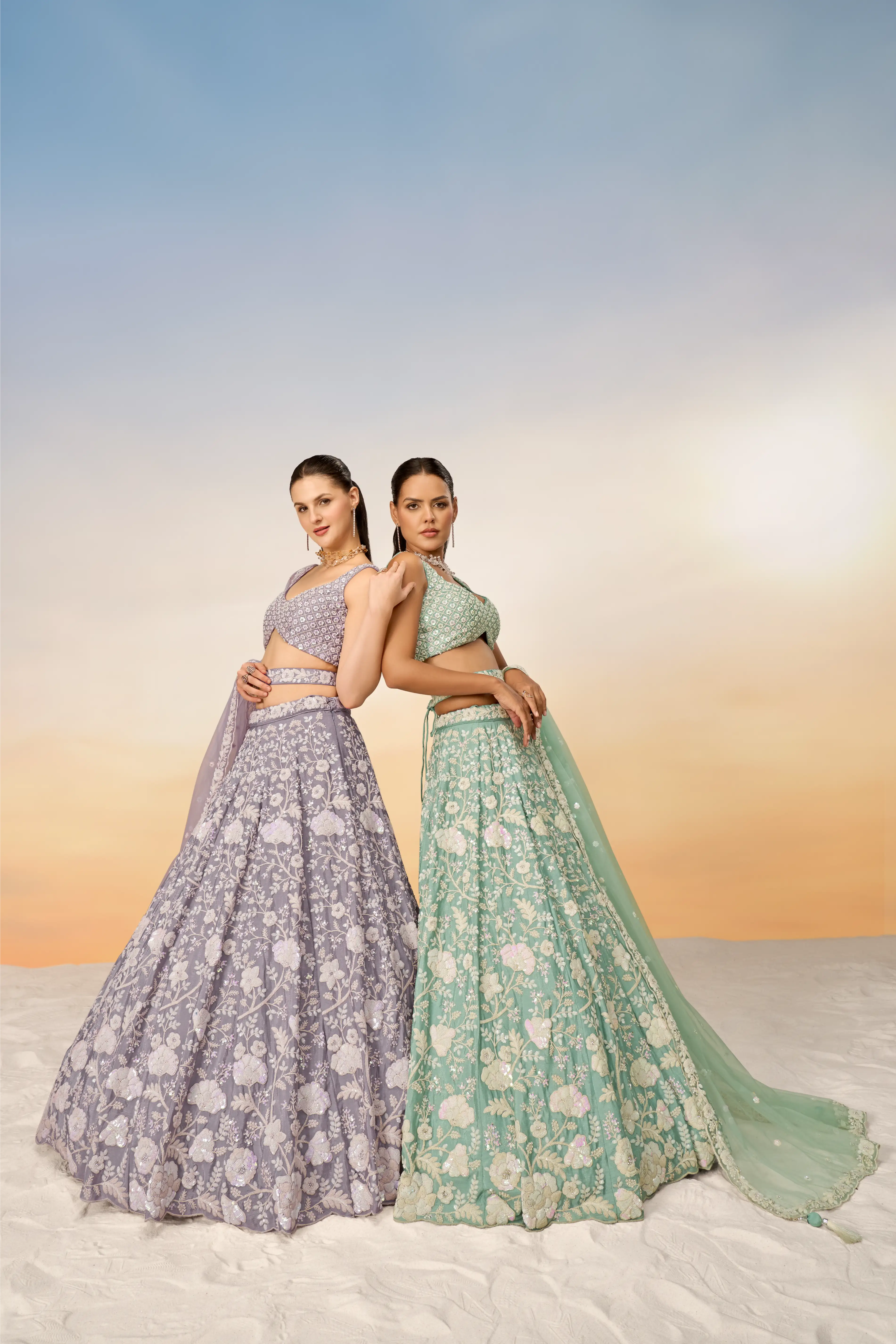 Sea Green Chinon Sequins and Zarkan embroidery Lehenga Set