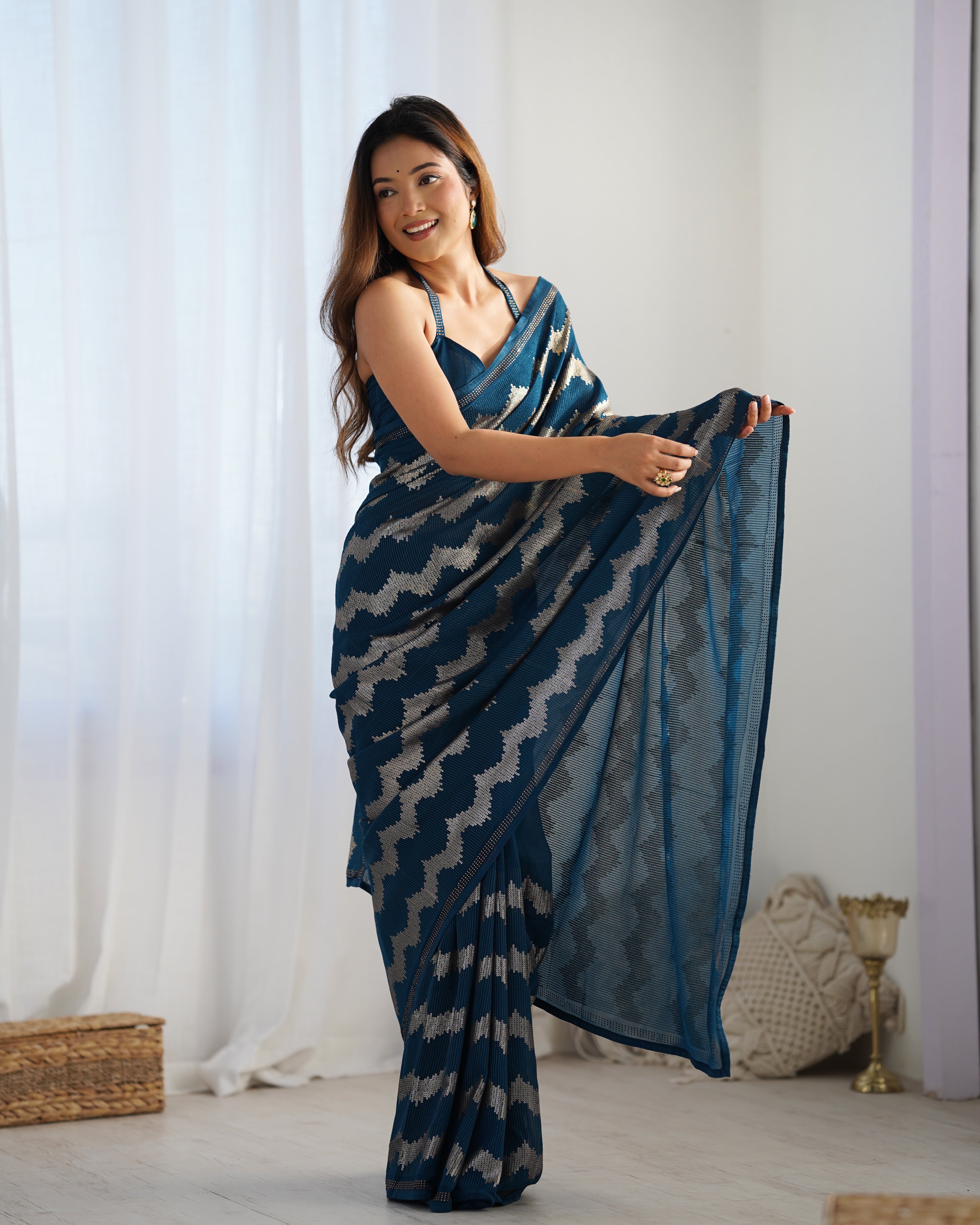 Solid Striped Embellished Sequinned Pure Georgette Saree